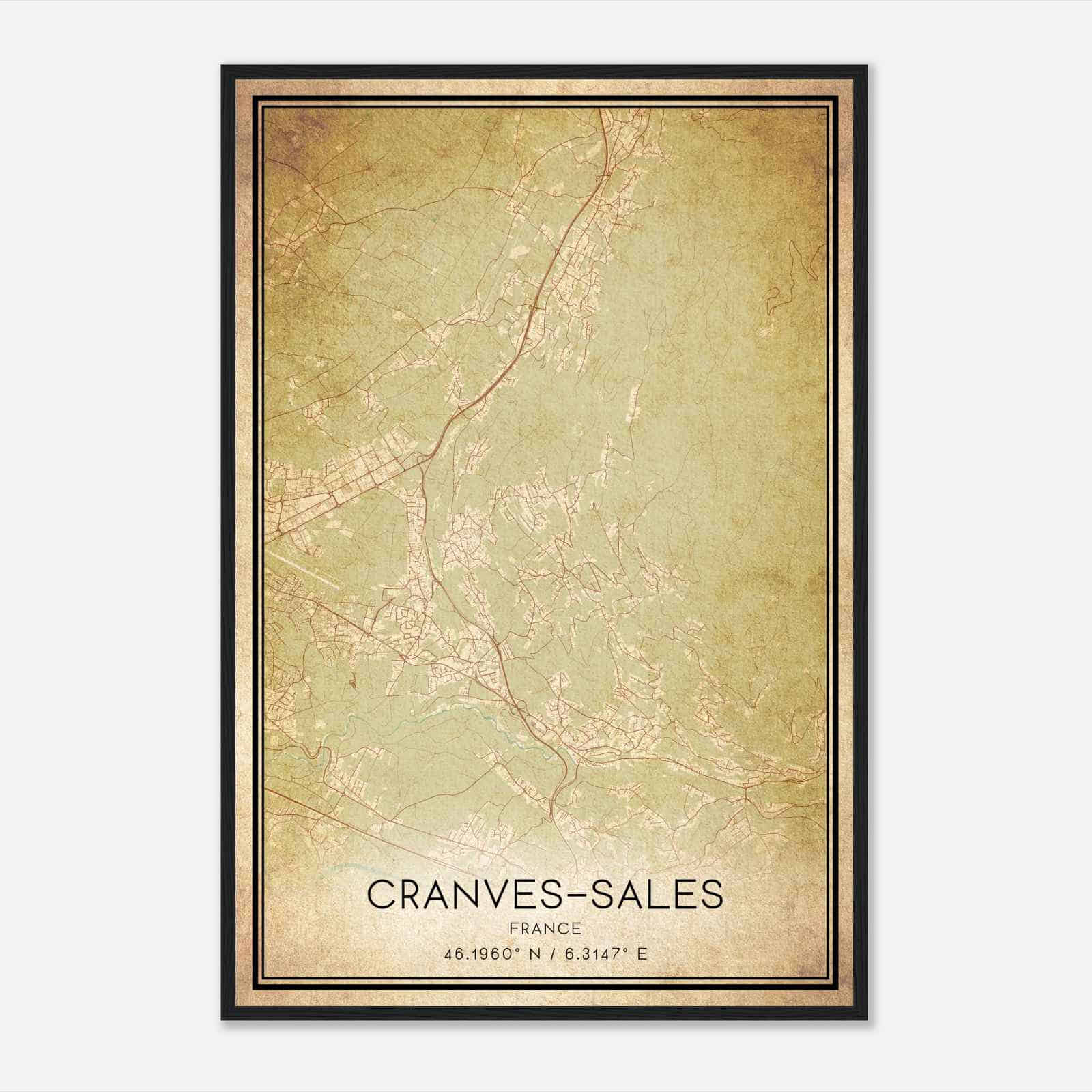 Vintage Cranves-Sales France Map Poster, Cranves-Sales City Road Wall Art Print