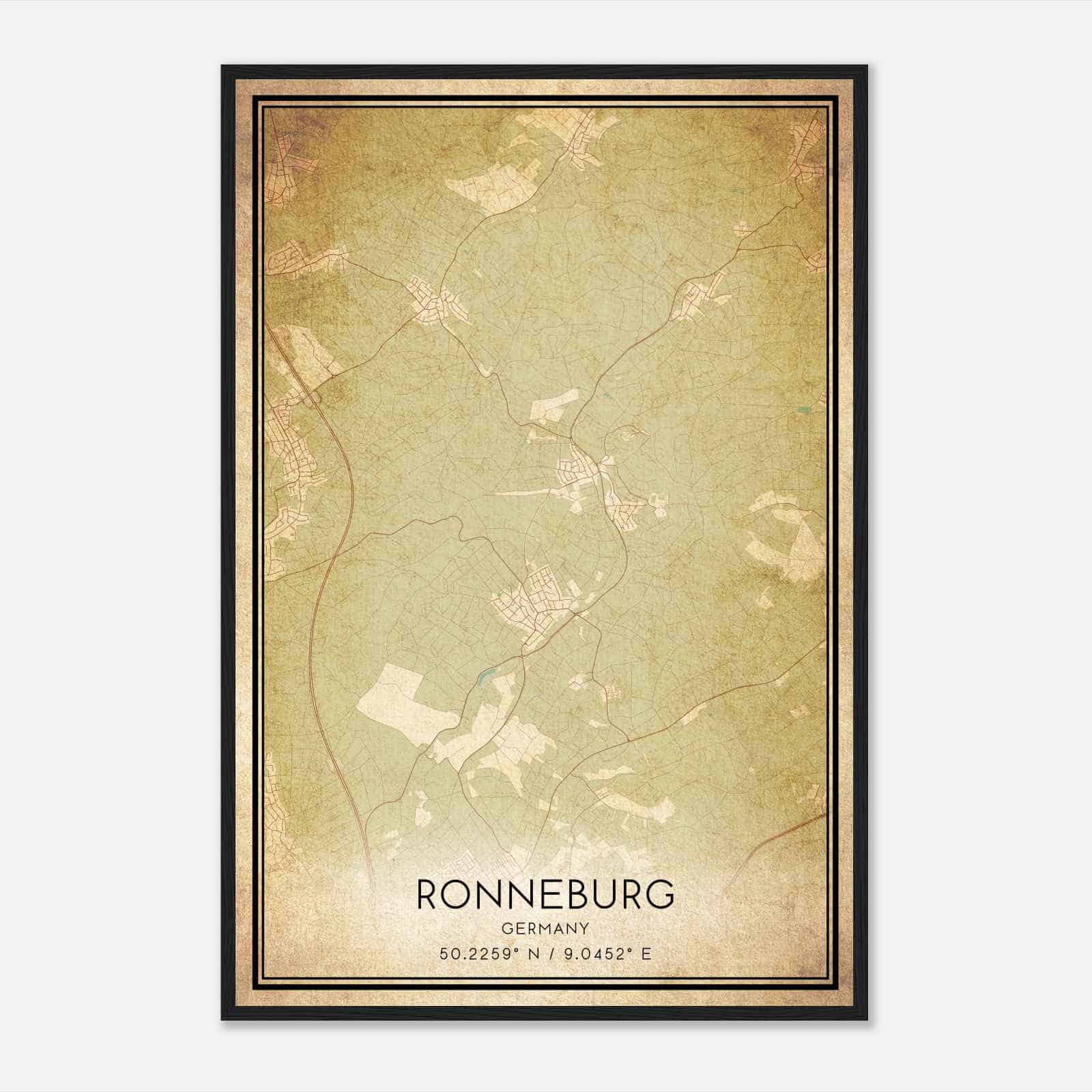 Vintage Ronneburg Germany Map Poster, Ronneburg City Road Wall Art Print