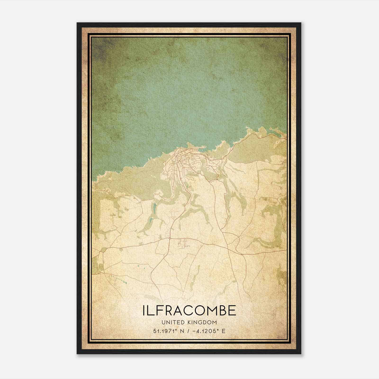 Vintage Ilfracombe United Kingdom Map Poster, Ilfracombe City Road Wall Art Print