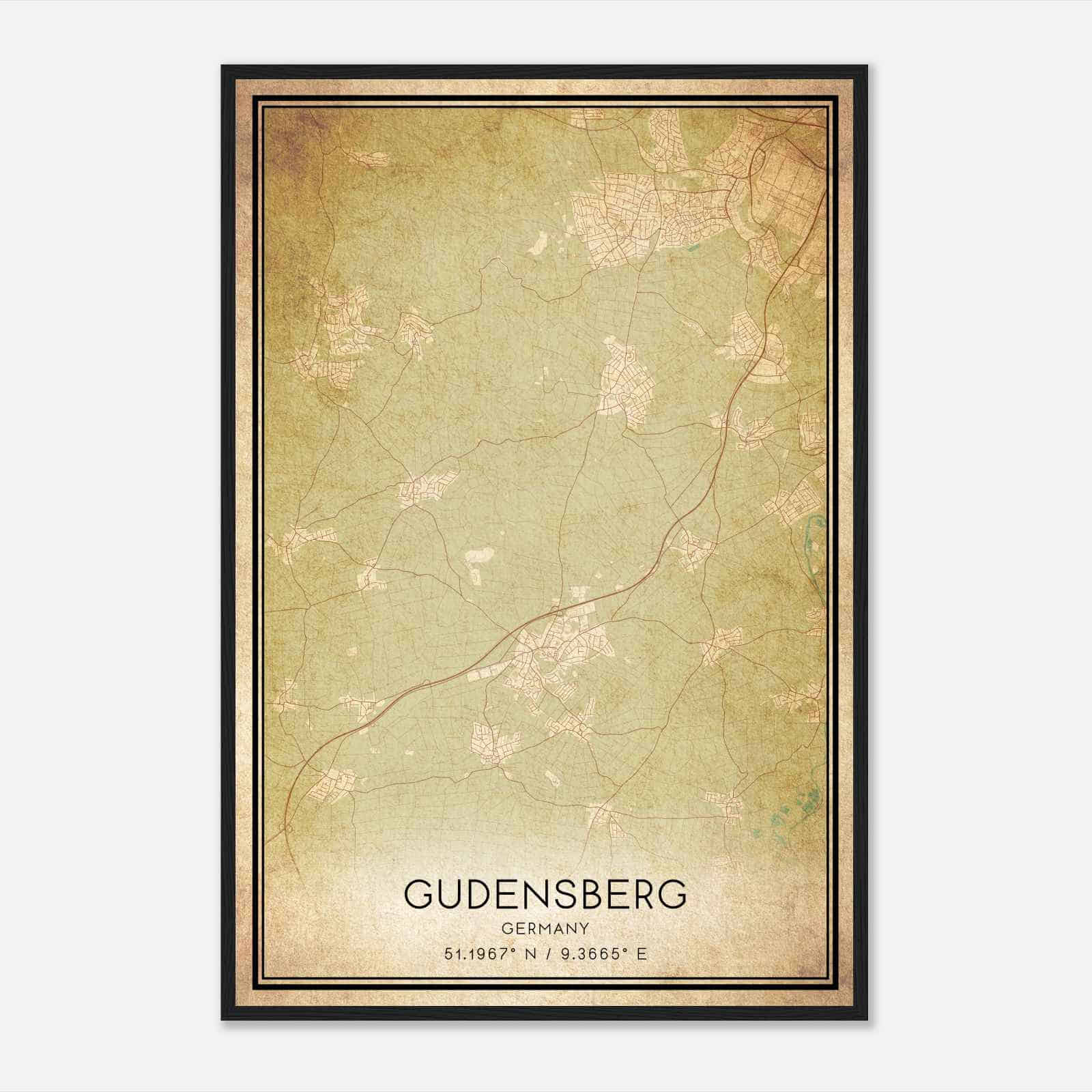 Vintage Gudensberg Germany Map Poster, Gudensberg City Road Wall Art Print