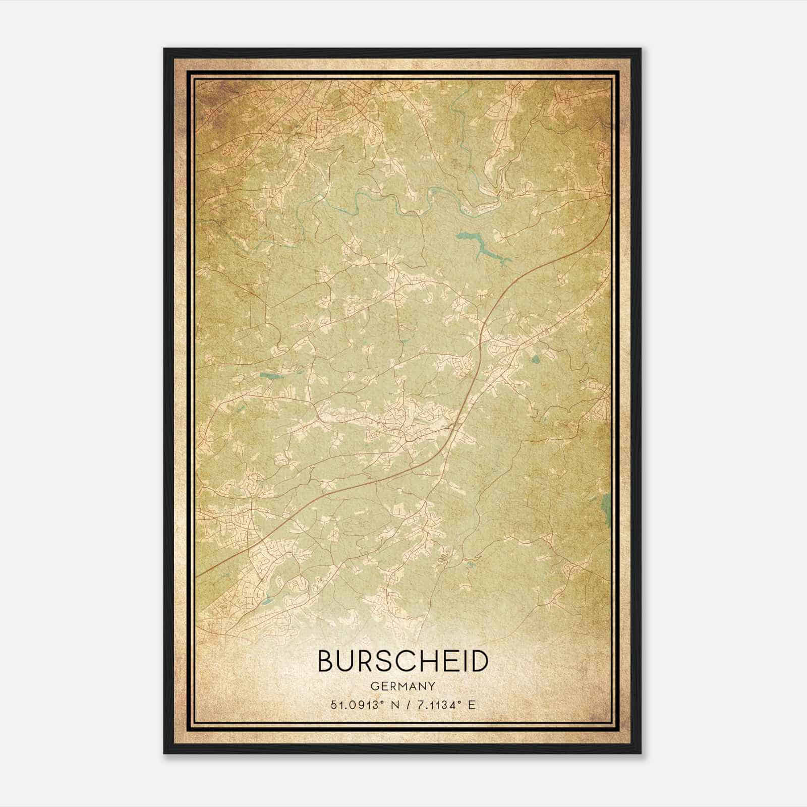 Vintage Burscheid Germany Map Poster, Burscheid City Road Wall Art Print