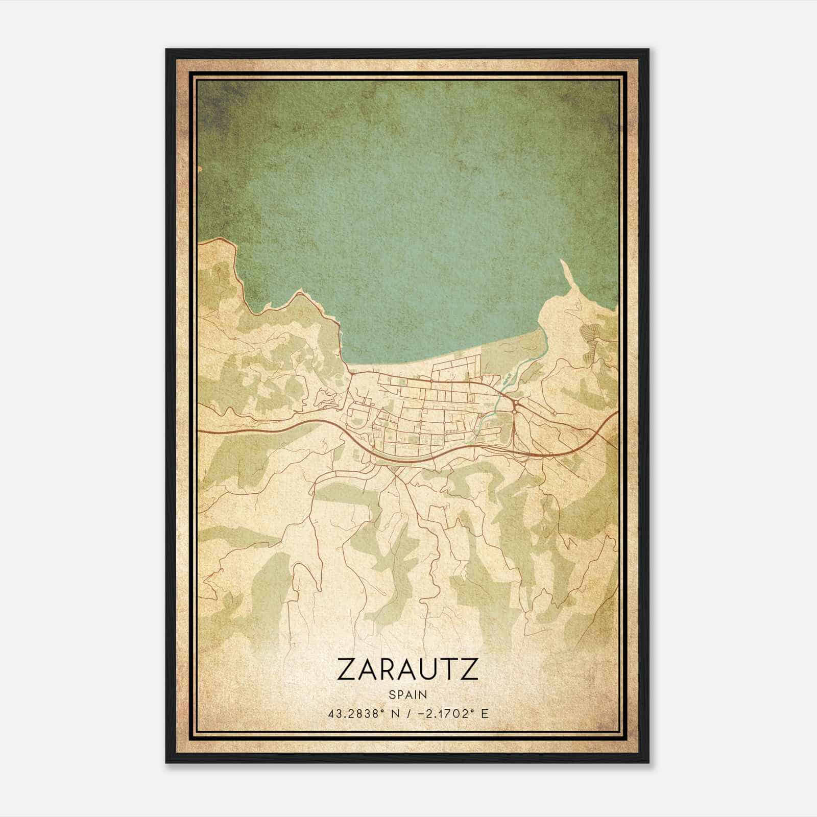 Vintage Zarautz Spain Map Poster, Zarautz City Road Wall Art Print