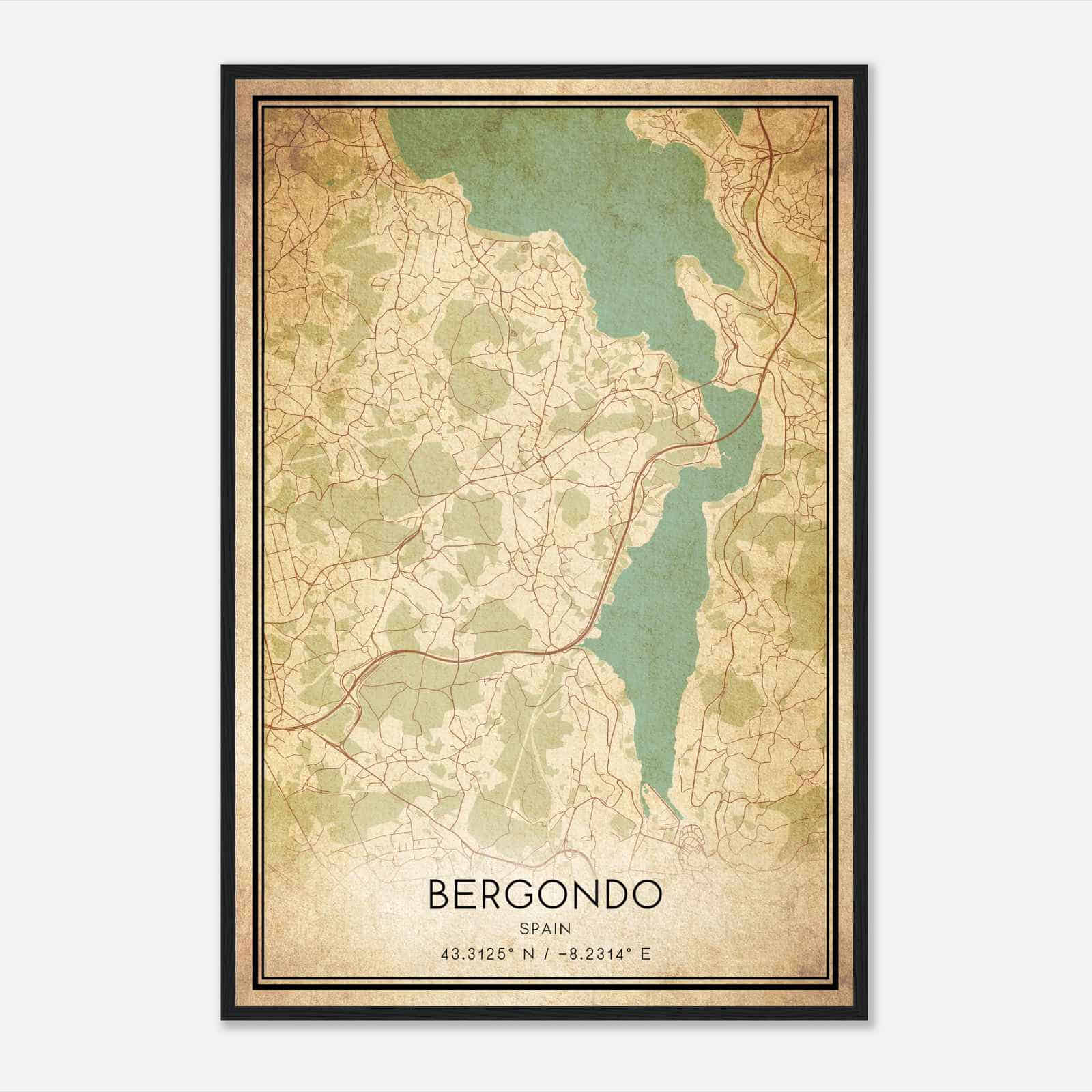 Vintage Bergondo Spain Map Poster, Bergondo City Road Wall Art Print
