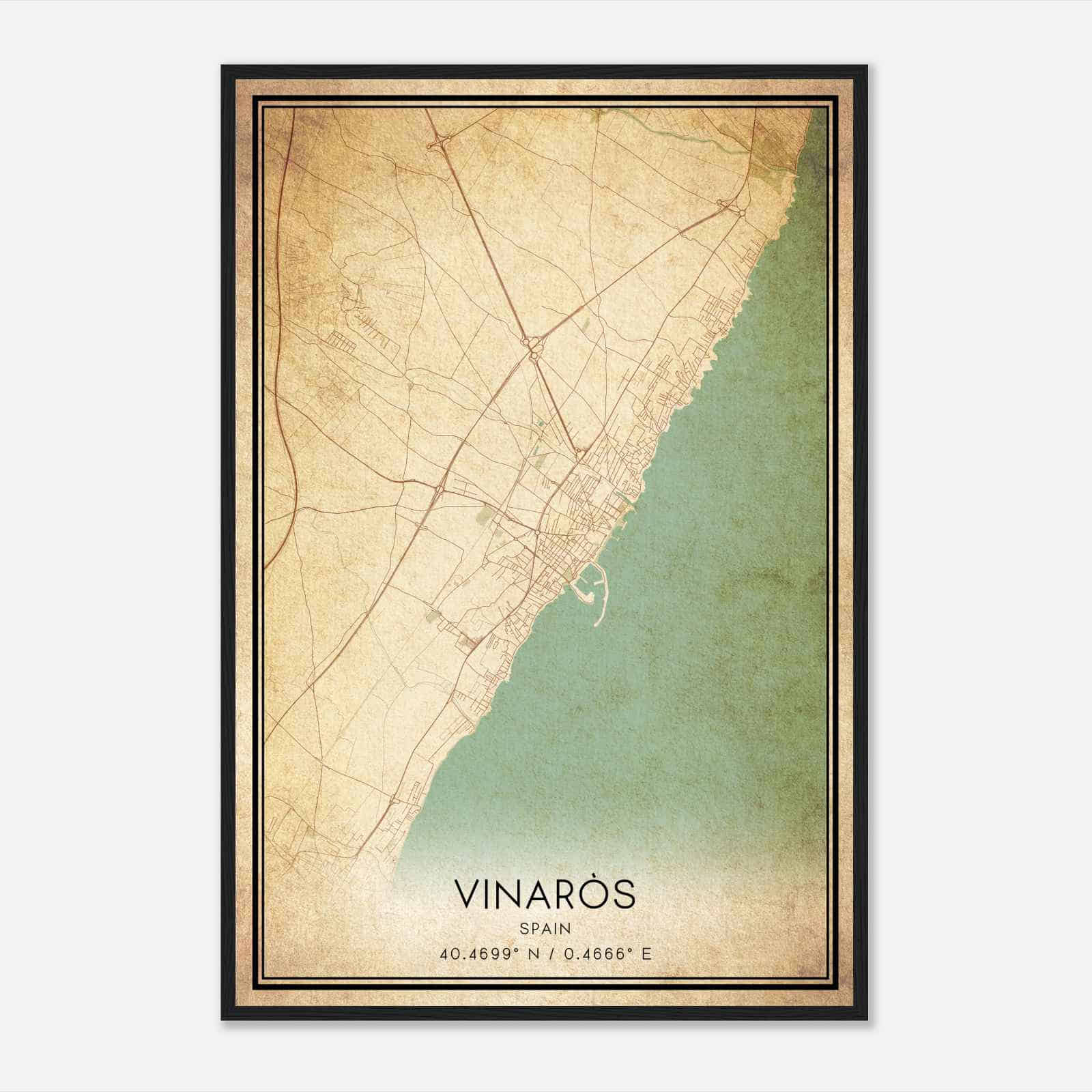 Vintage Vinaroz Spain Map Poster, Vinaroz City Road Wall Art Print