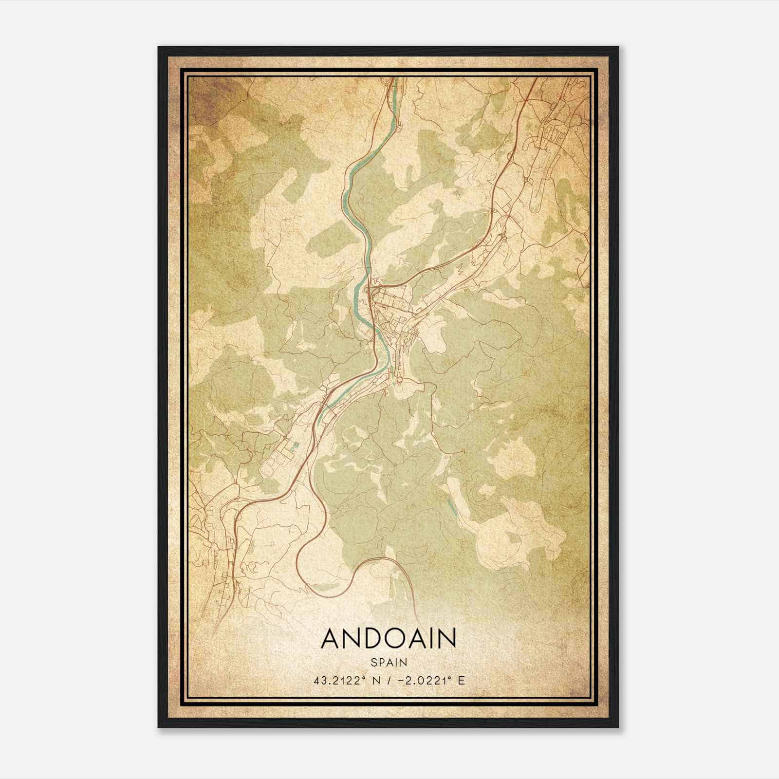 Vintage Andoain Spain Map Poster, Andoain City Road Wall Art Print