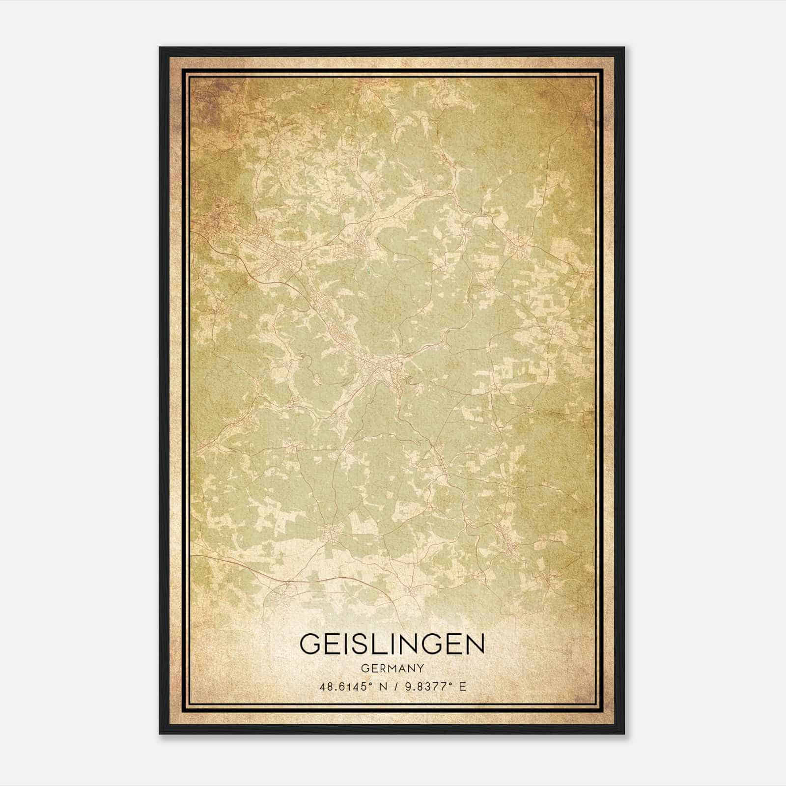 Vintage Geislingen Germany Map Poster, Geislingen City Road Wall Art Print