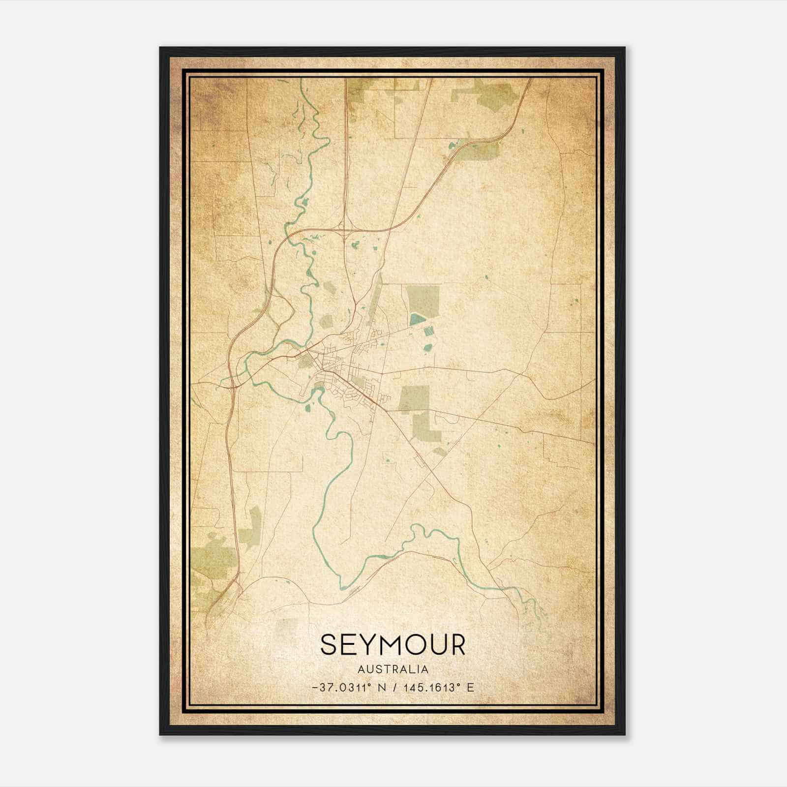 Vintage Seymour Australia Map Poster, Seymour City Road Wall Art Print