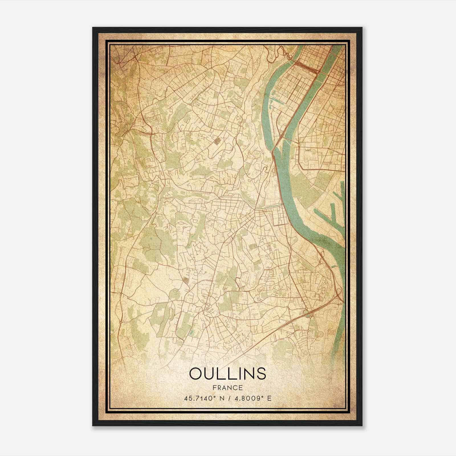 Vintage Oullins France Map Poster, Oullins City Road Wall Art Print