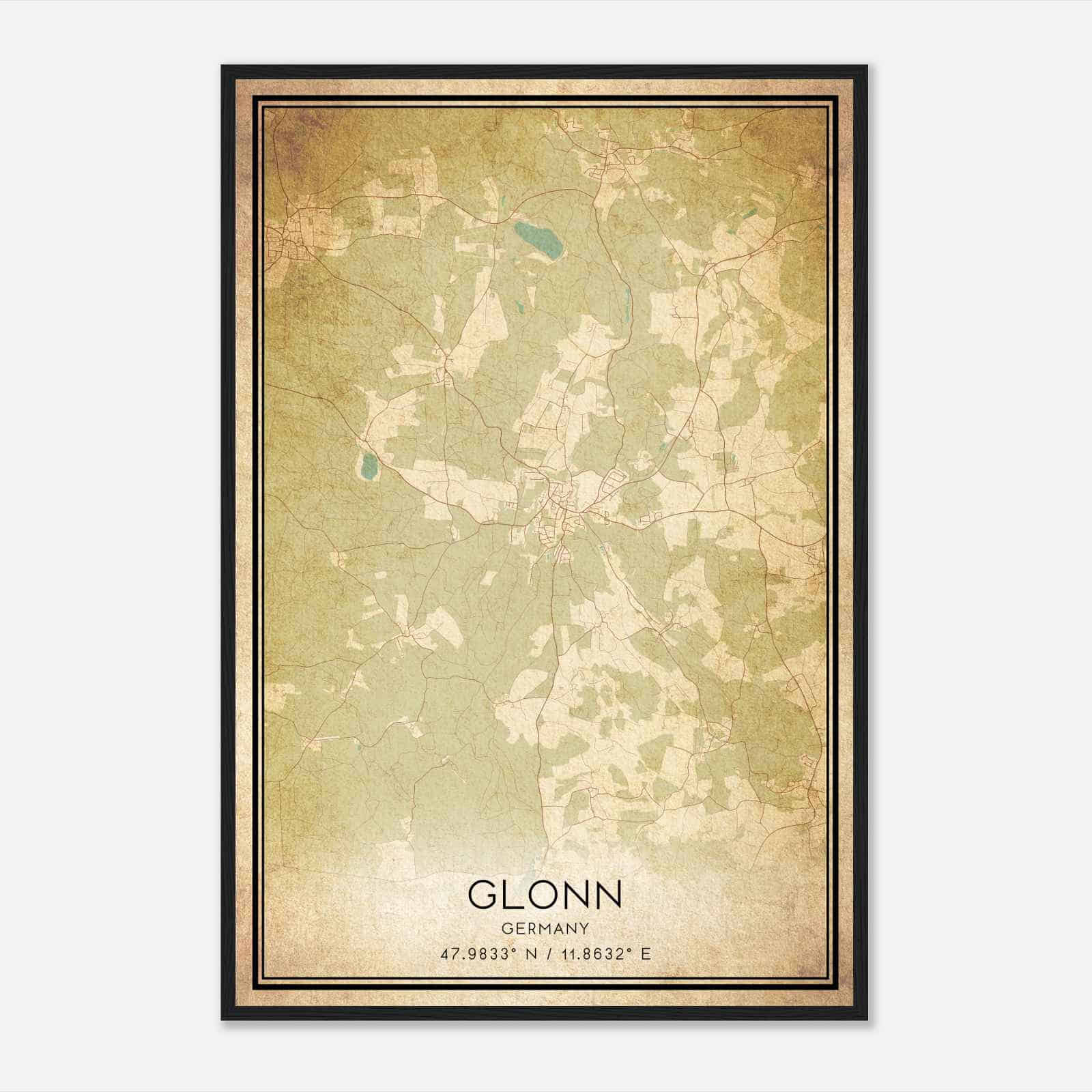Vintage Glonn Germany Map Poster, Glonn City Road Wall Art Print