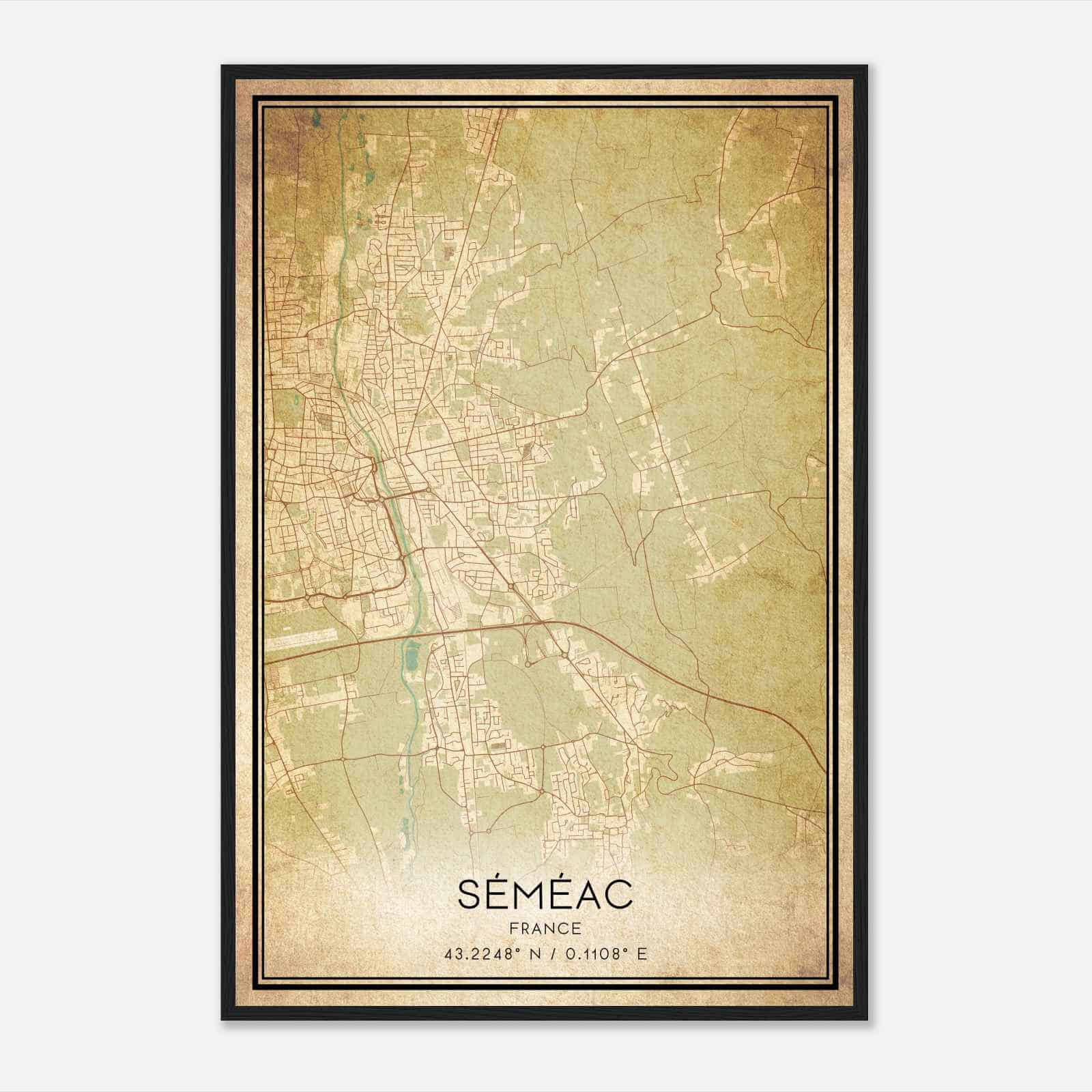 Vintage Semeac France Map Poster, Semeac City Road Wall Art Print