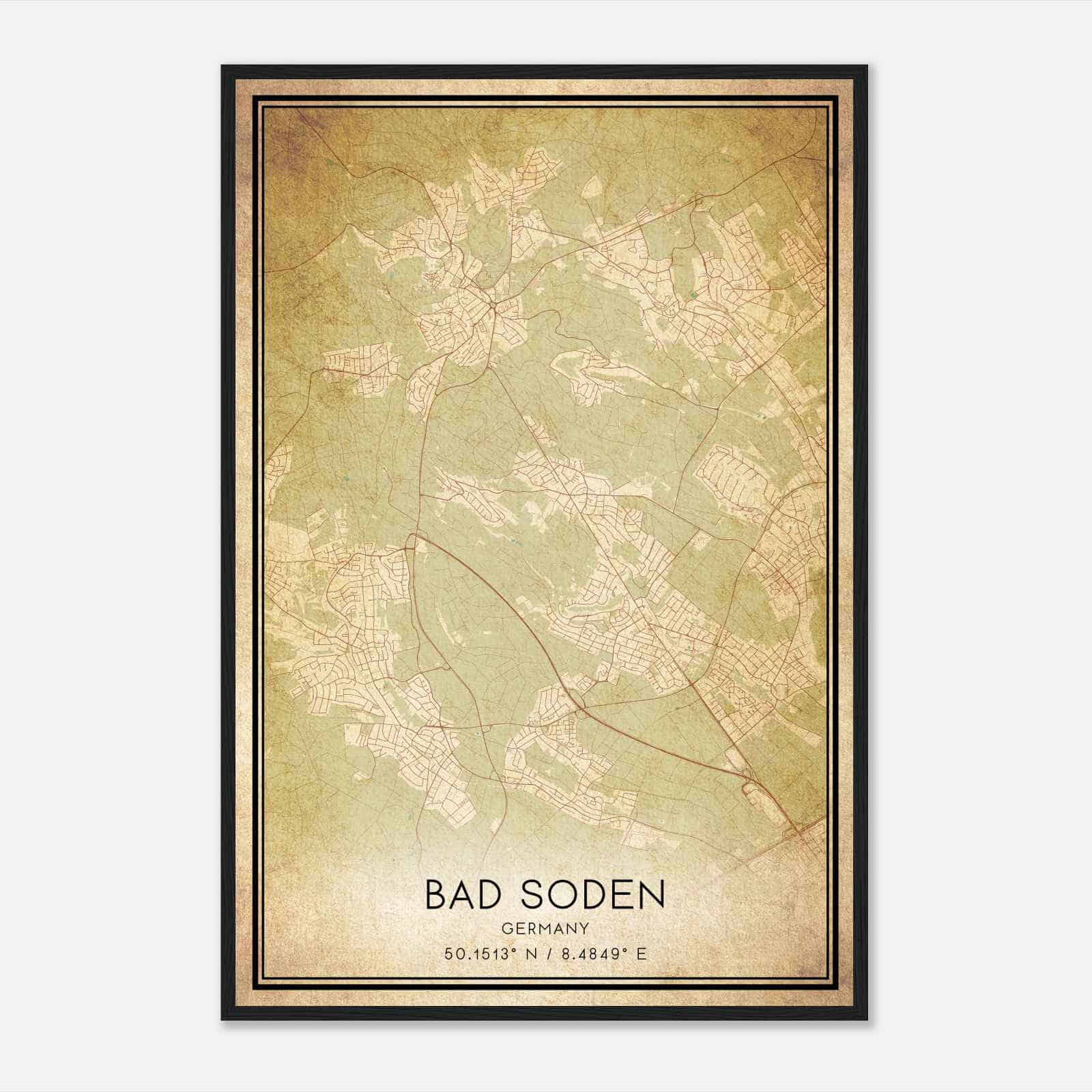 Vintage Bad Soden am Taunus Germany Map Poster, Bad Soden am Taunus City Road Wall Art Print
