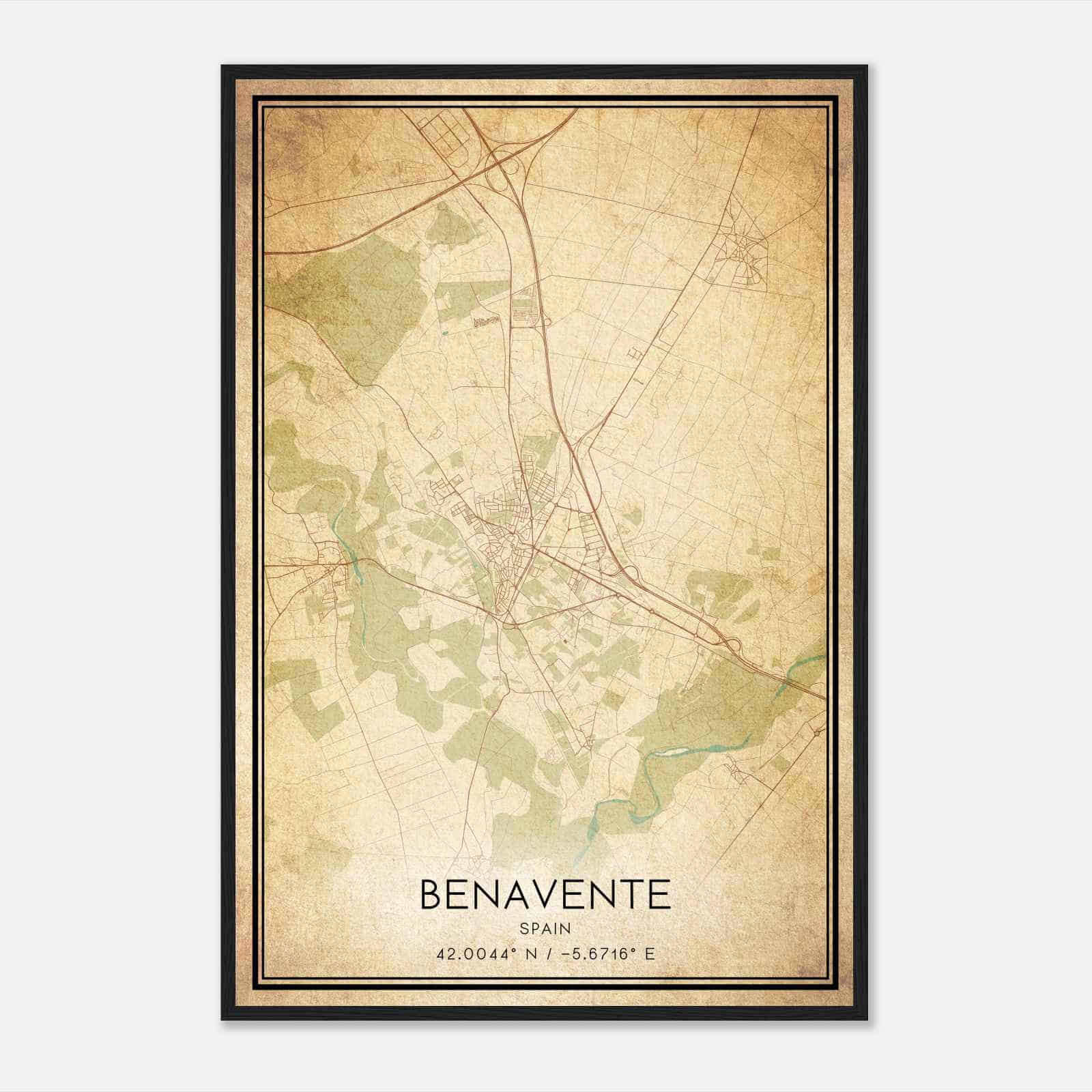 Vintage Benavente Spain Map Poster, Benavente City Road Wall Art Print