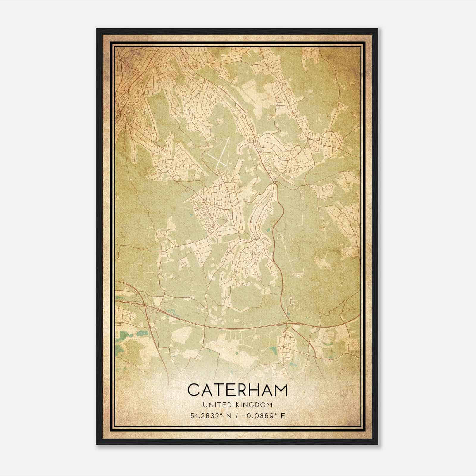 Vintage Caterham United Kingdom Map Poster, Caterham City Road Wall Art Print