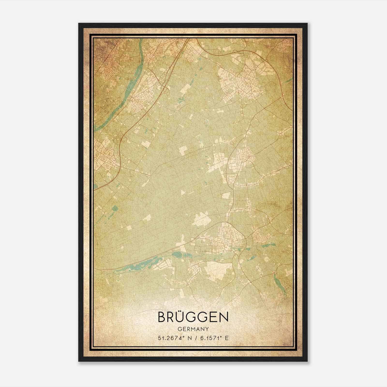 Vintage Bruggen Germany Map Poster, Bruggen City Road Wall Art Print