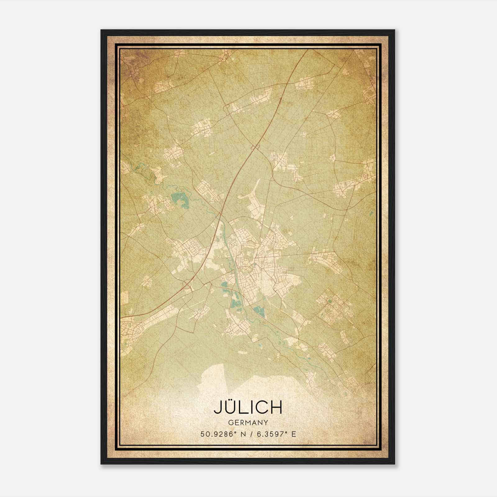 Vintage Julich Germany Map Poster, Julich City Road Wall Art Print
