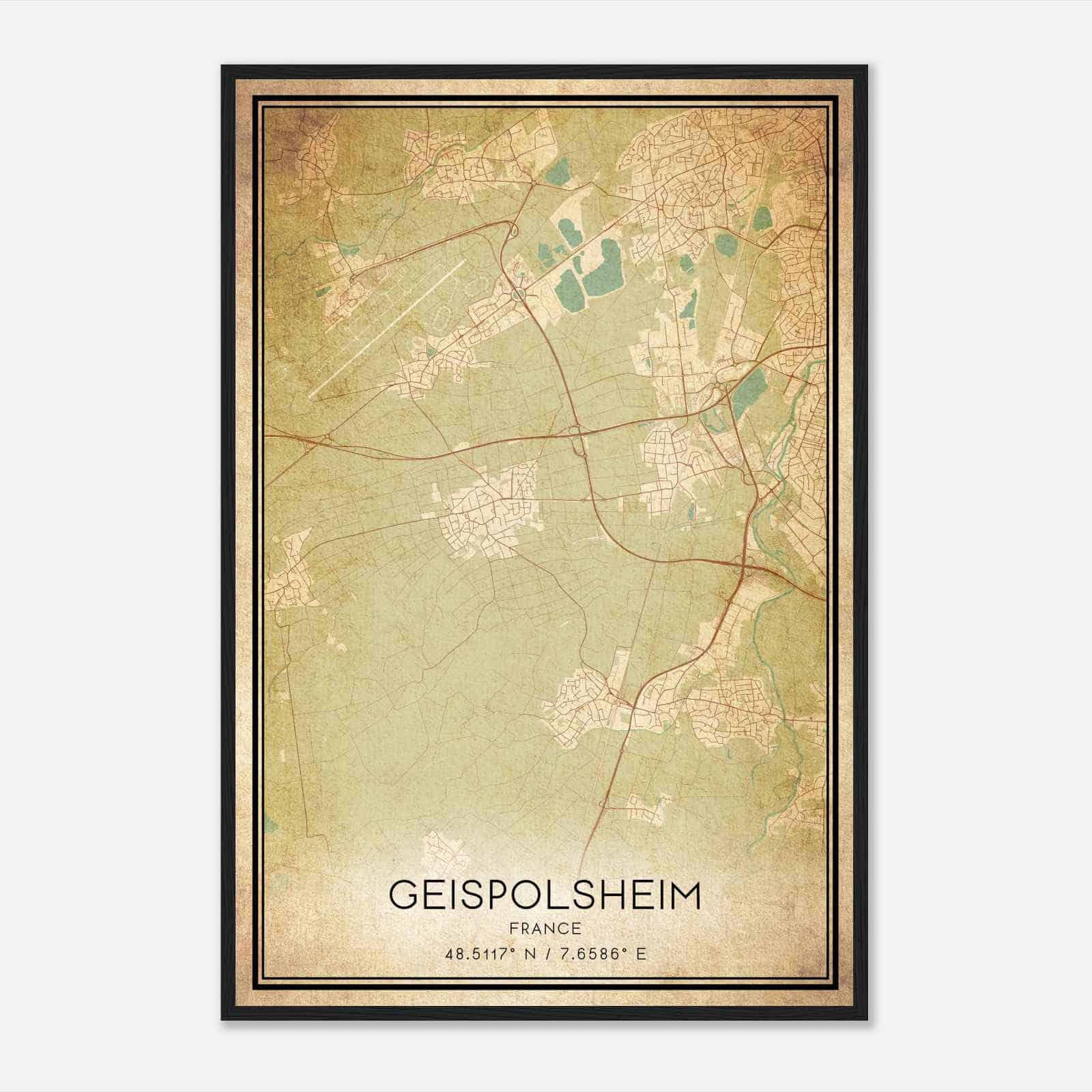 Vintage Geispolsheim France Map Poster, Geispolsheim City Road Wall Art Print