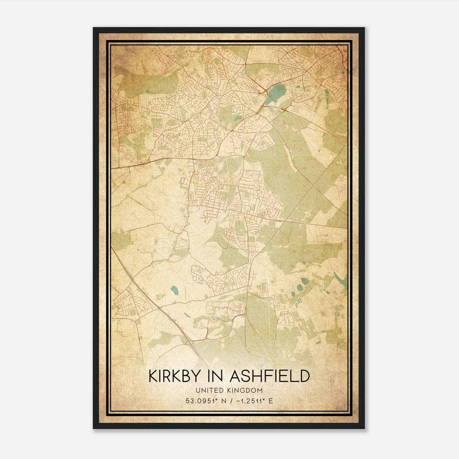 Vintage Kirkby in Ashfield United Kingdom Map Poster, Kirkby in Ashfield City Road Wall Art Print