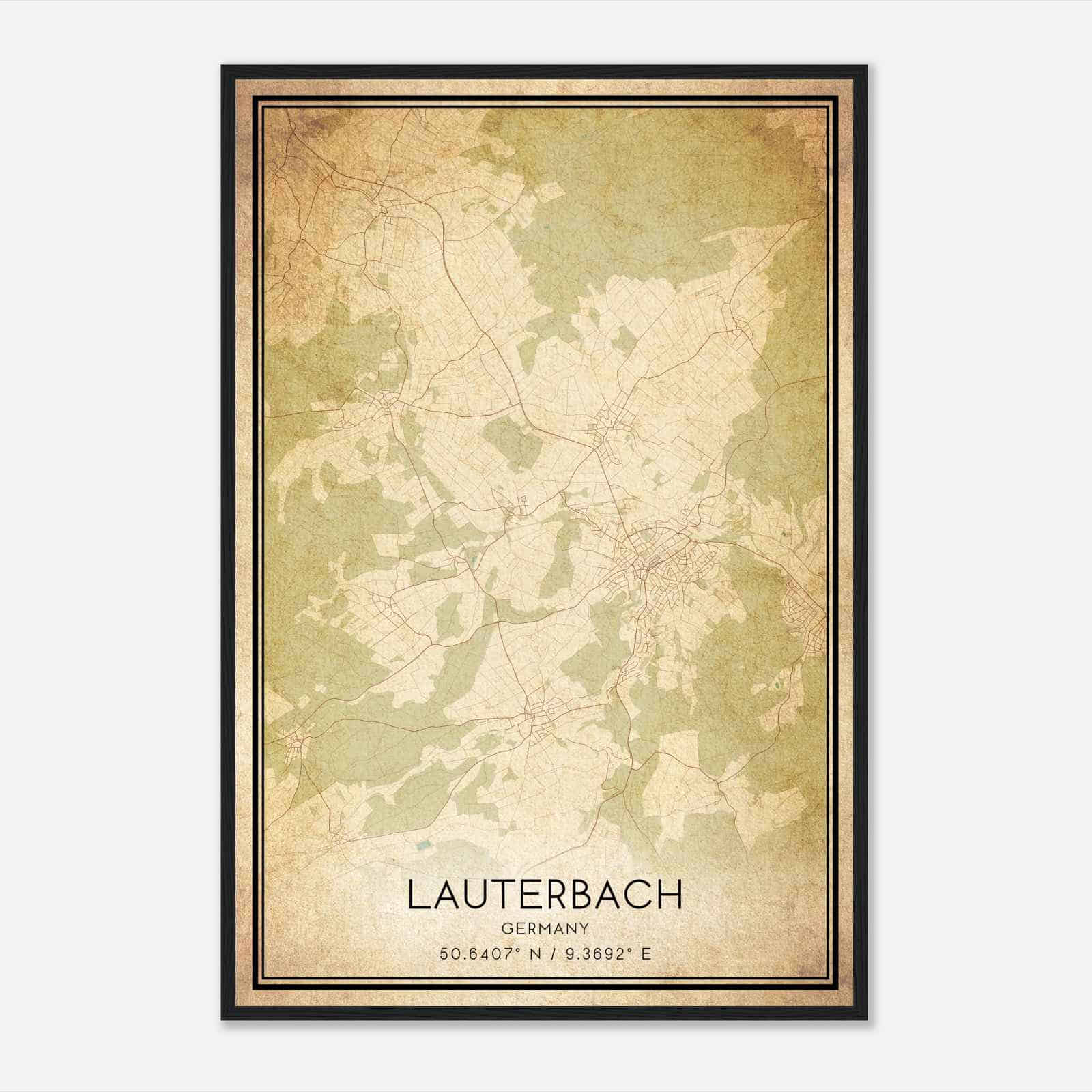Vintage Lauterbach Germany Map Poster, Lauterbach City Road Wall Art Print