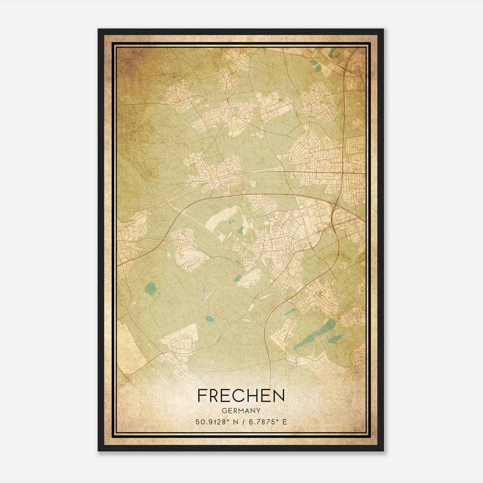 Vintage Frechen Germany Map Poster, Frechen City Road Wall Art Print