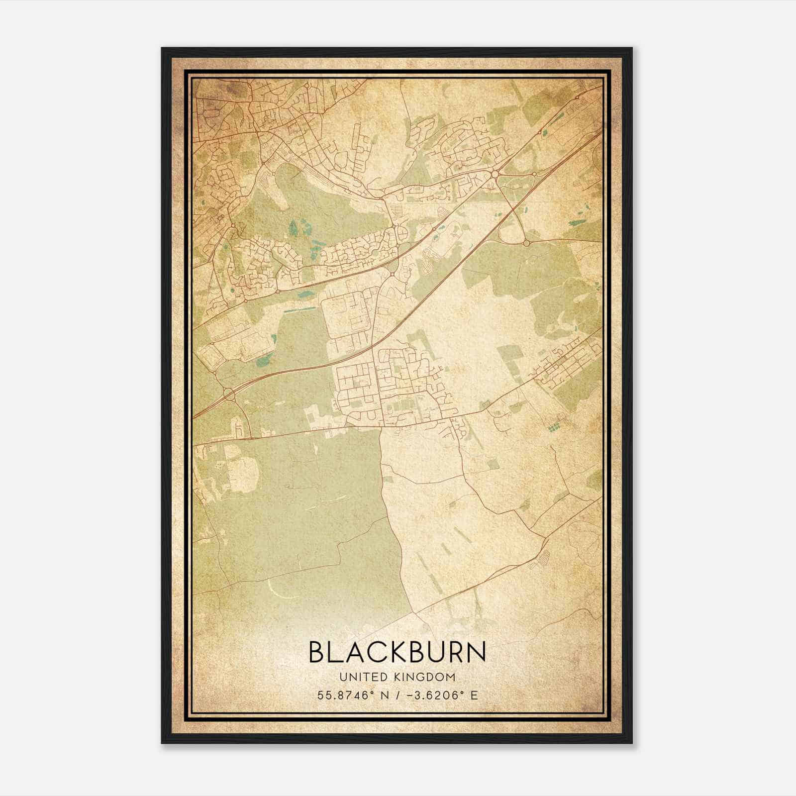 Vintage Blackburn United Kingdom Map Poster, Blackburn City Road Wall Art Print