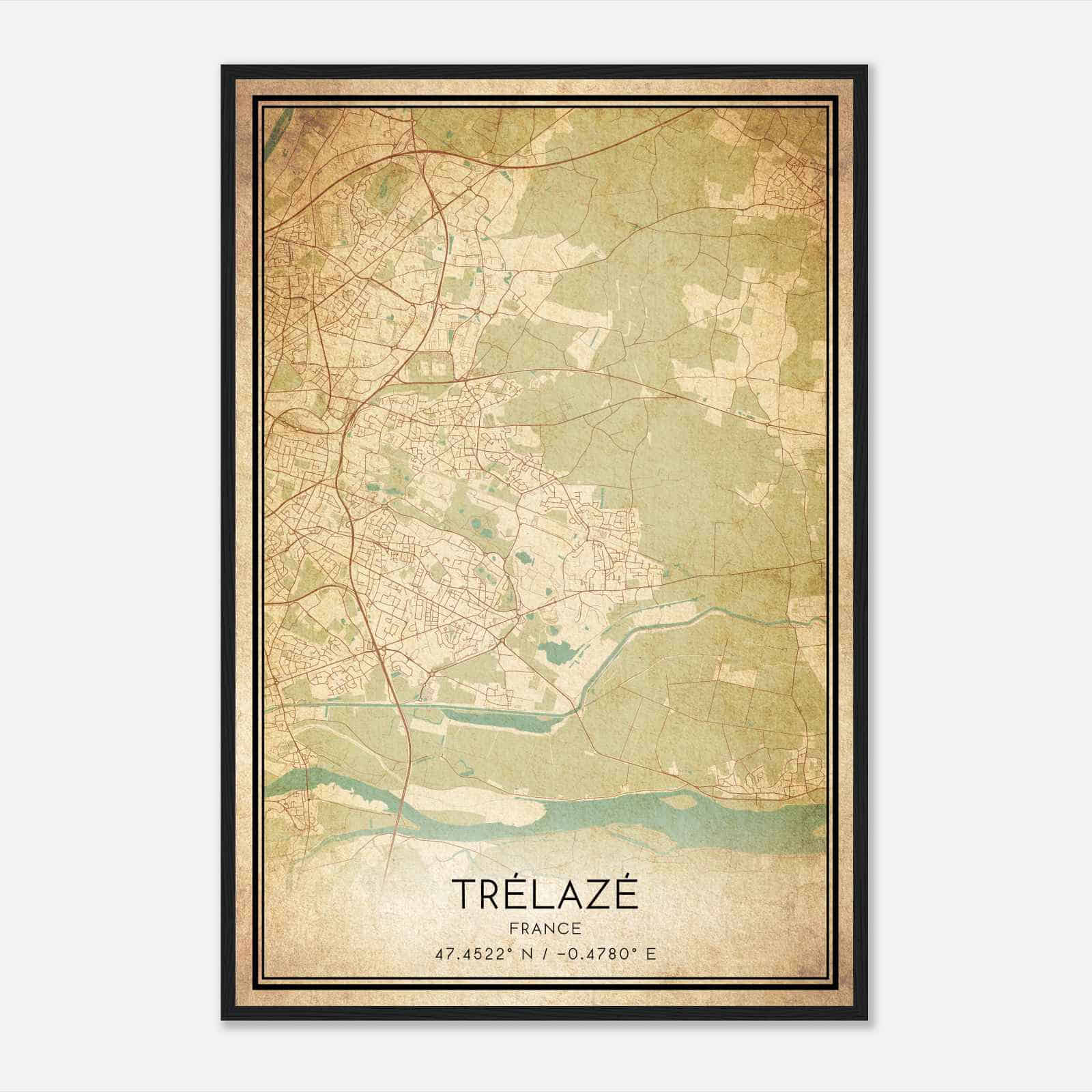 Vintage Trelaze France Map Poster, Trelaze City Road Wall Art Print