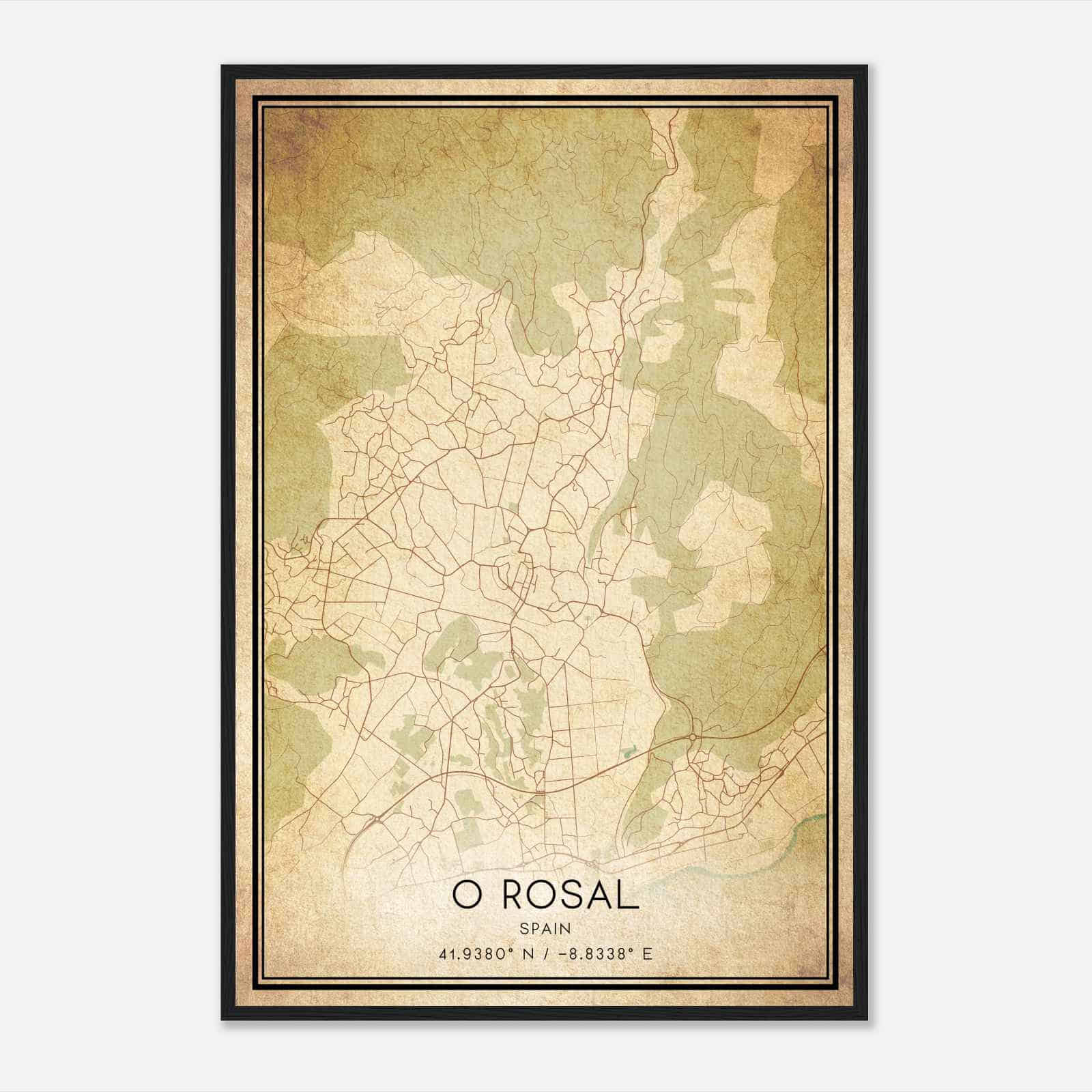 Vintage Rosal Spain Map Poster, Rosal City Road Wall Art Print