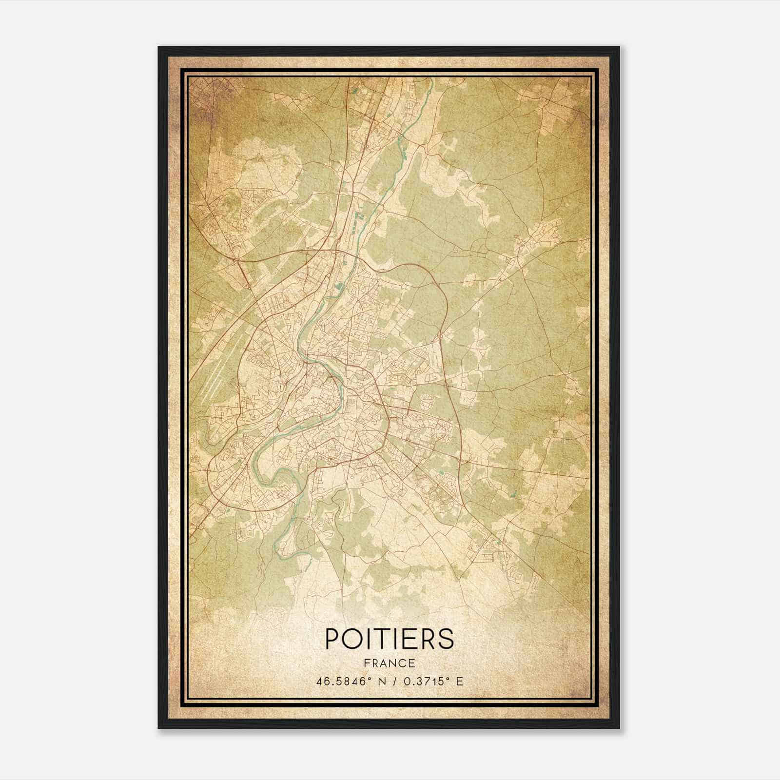 Vintage Poitiers France Map Poster, Poitiers City Road Wall Art Print