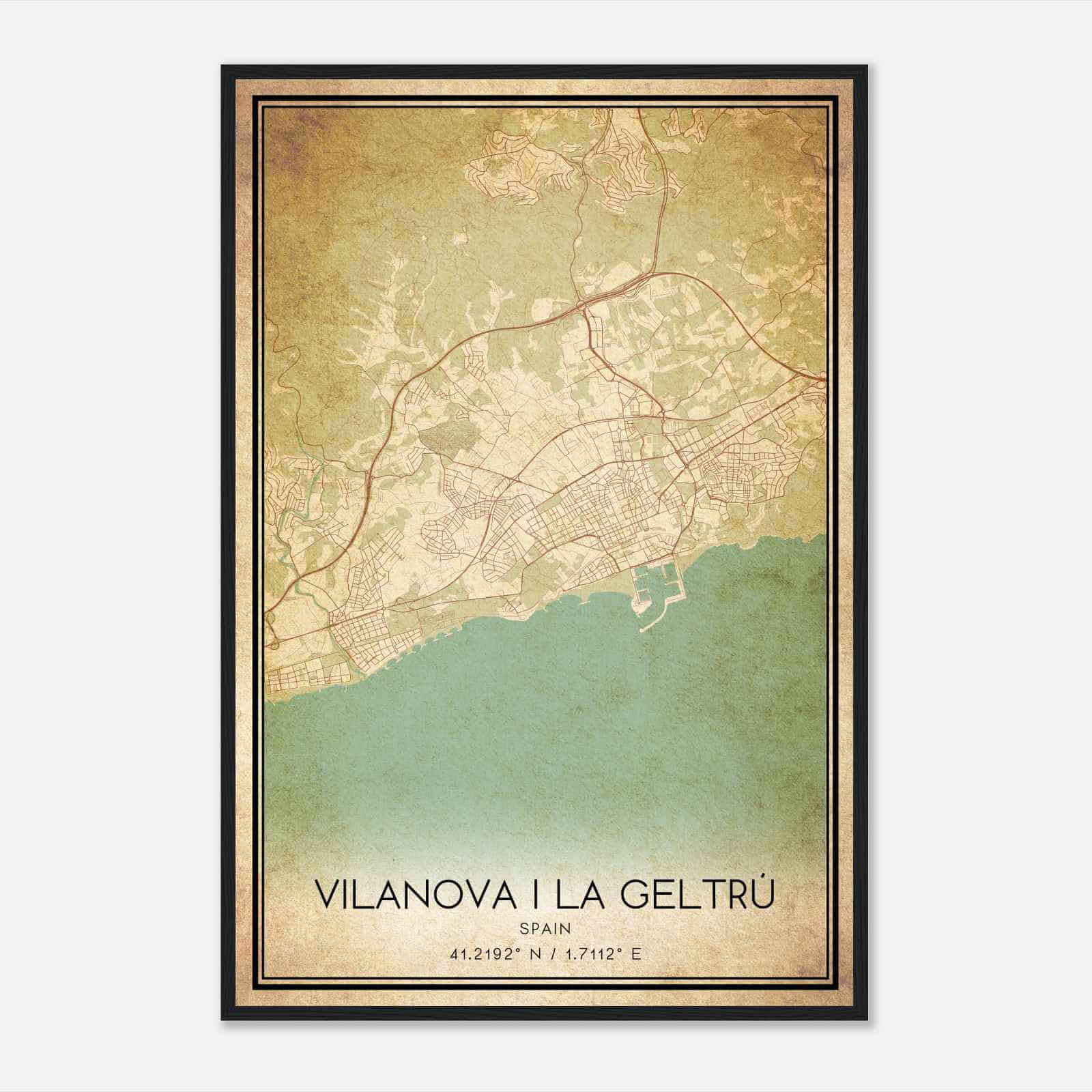 Vintage Villanueva y Geltru Spain Map Poster, Villanueva y Geltru City Road Wall Art Print