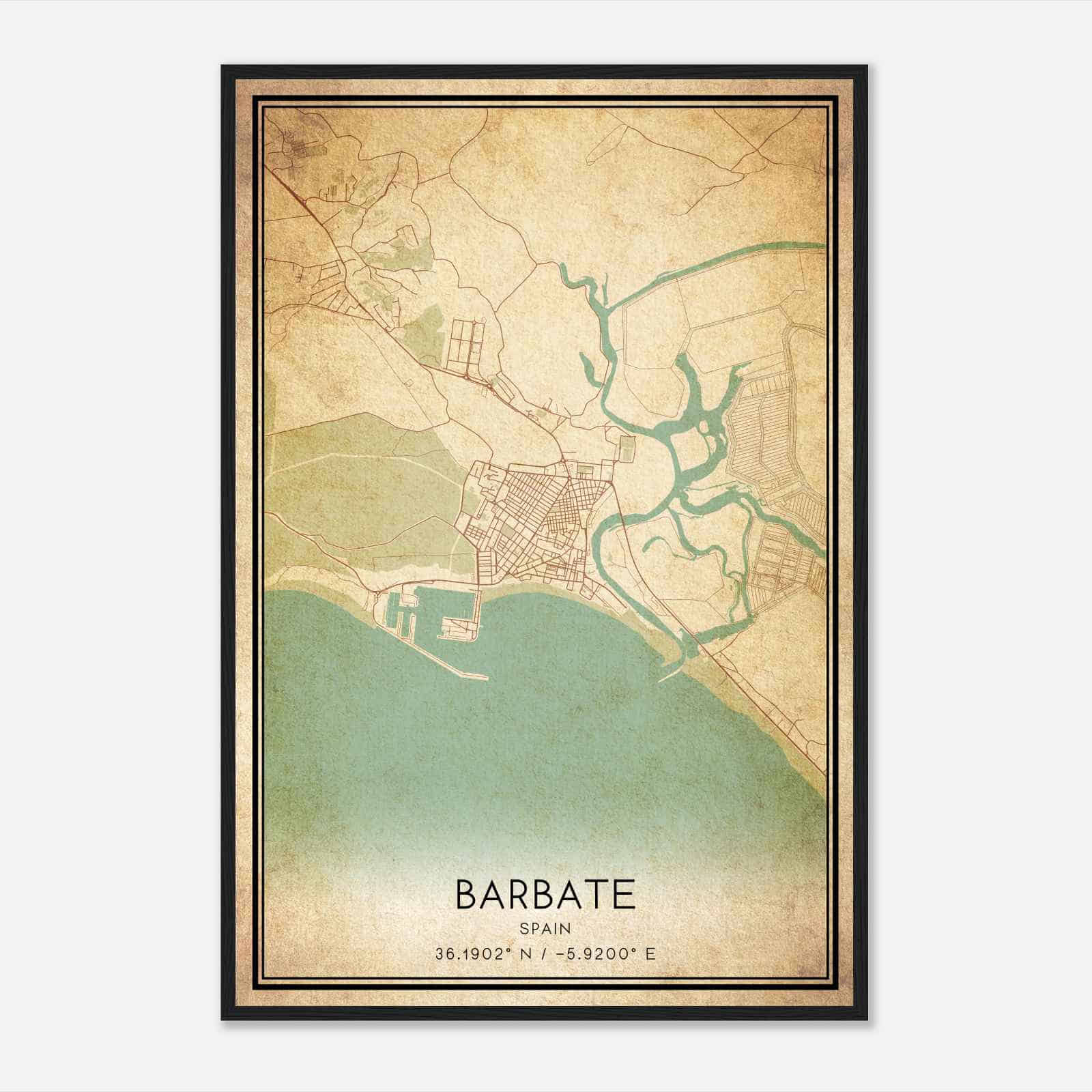 Vintage Barbate de Franco Spain Map Poster, Barbate de Franco City Road Wall Art Print