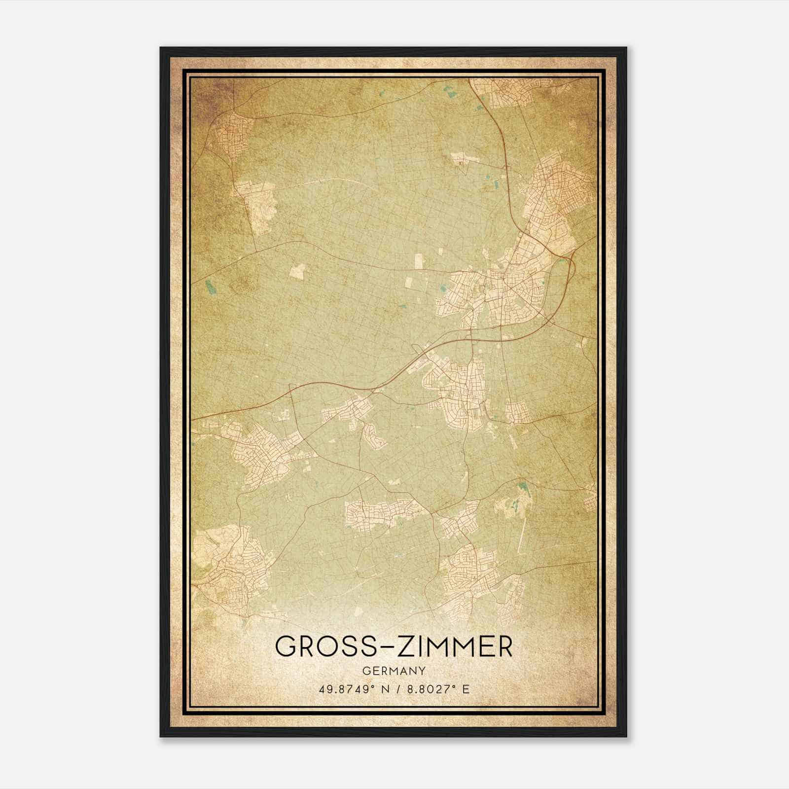 Vintage Gross-Zimmern Germany Map Poster, Gross-Zimmern City Road Wall Art Print