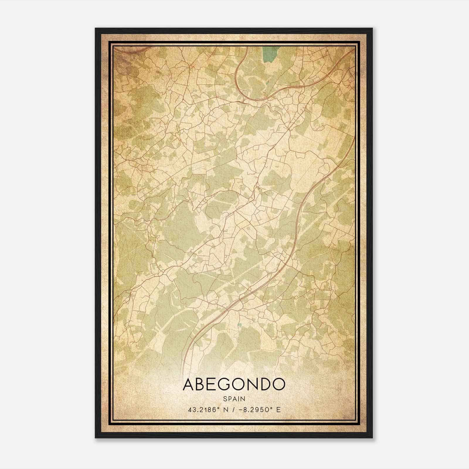 Vintage Abegondo Spain Map Poster, Abegondo City Road Wall Art Print