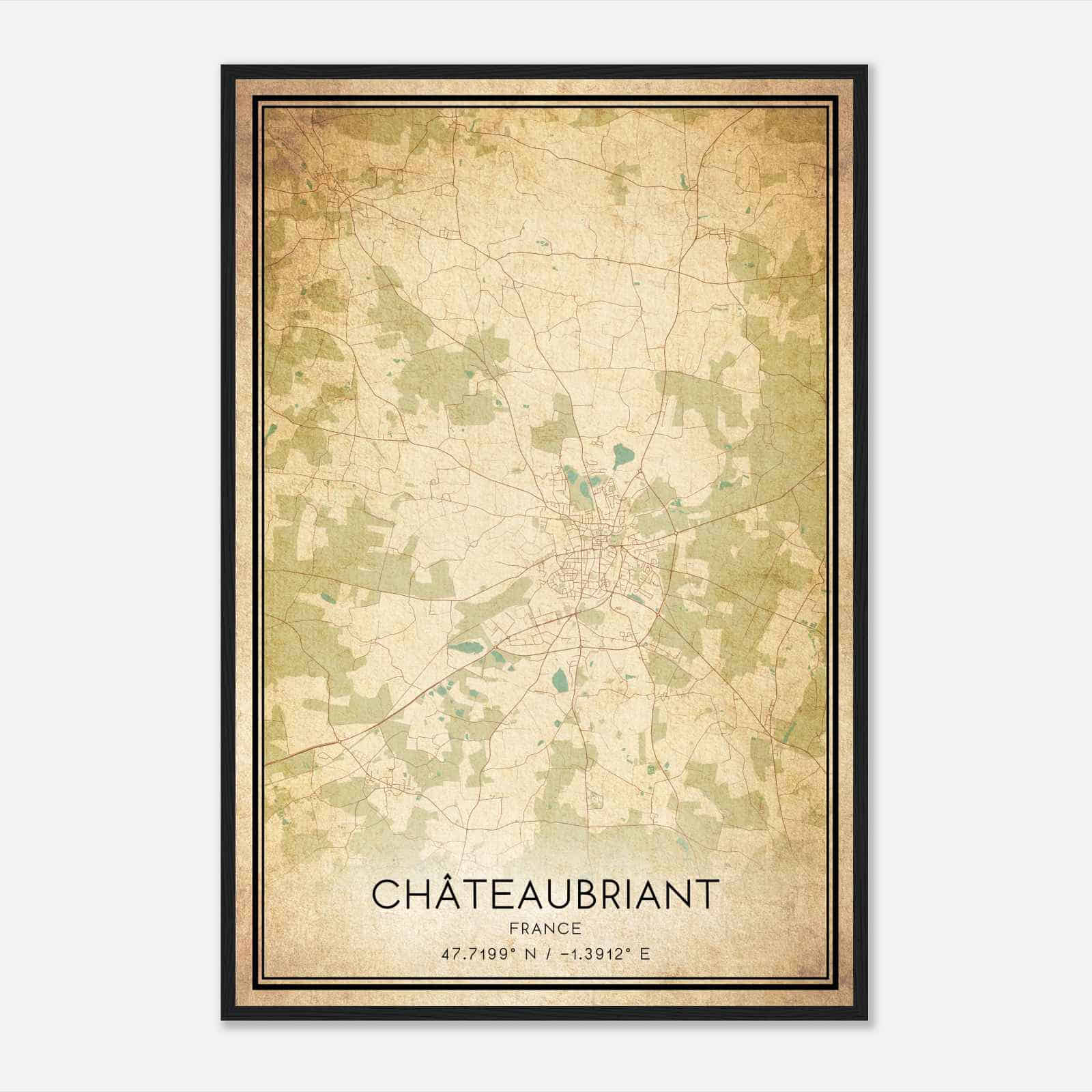 Vintage Chateaubriant France Map Poster, Chateaubriant City Road Wall Art Print