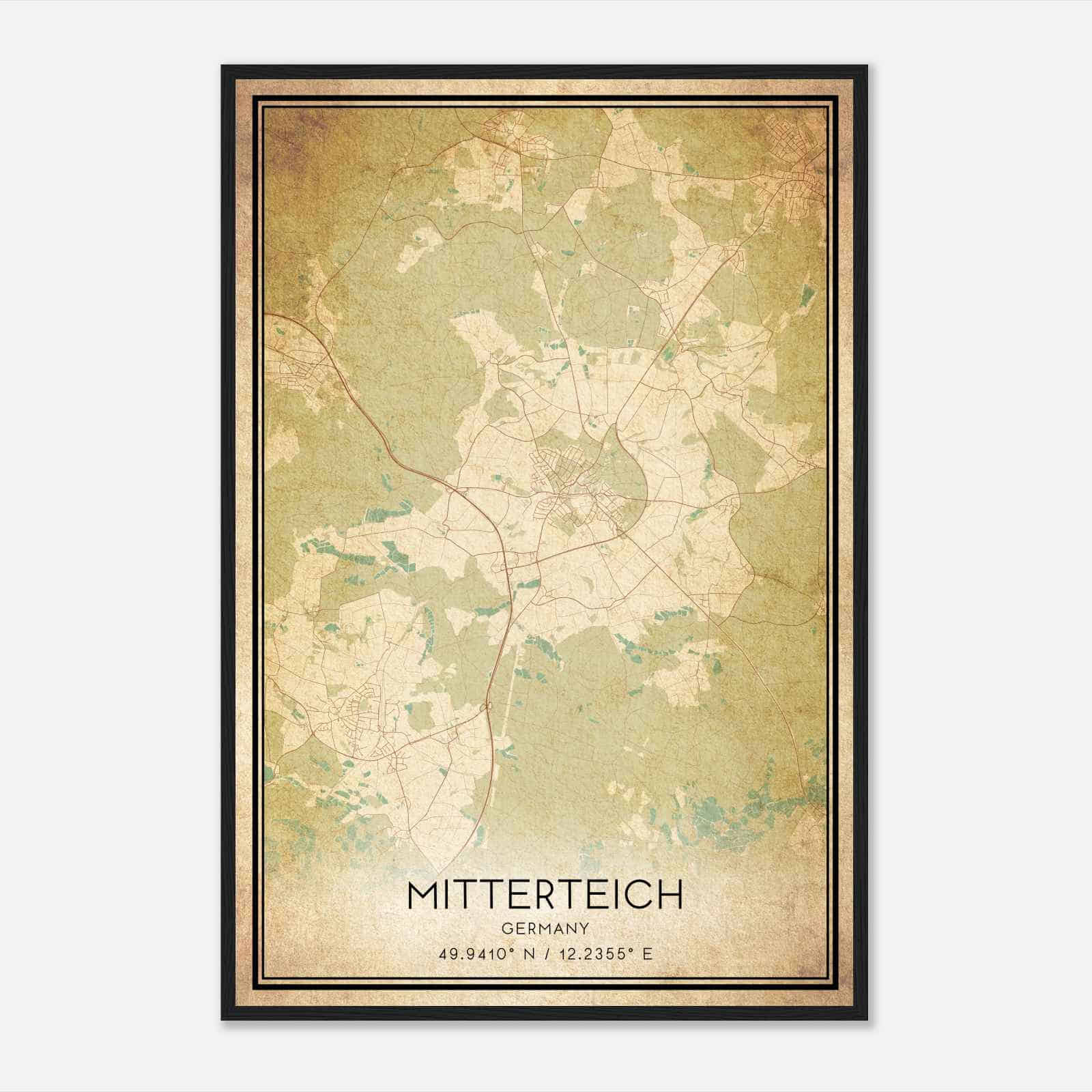 Vintage Mitterteich Germany Map Poster, Mitterteich City Road Wall Art Print
