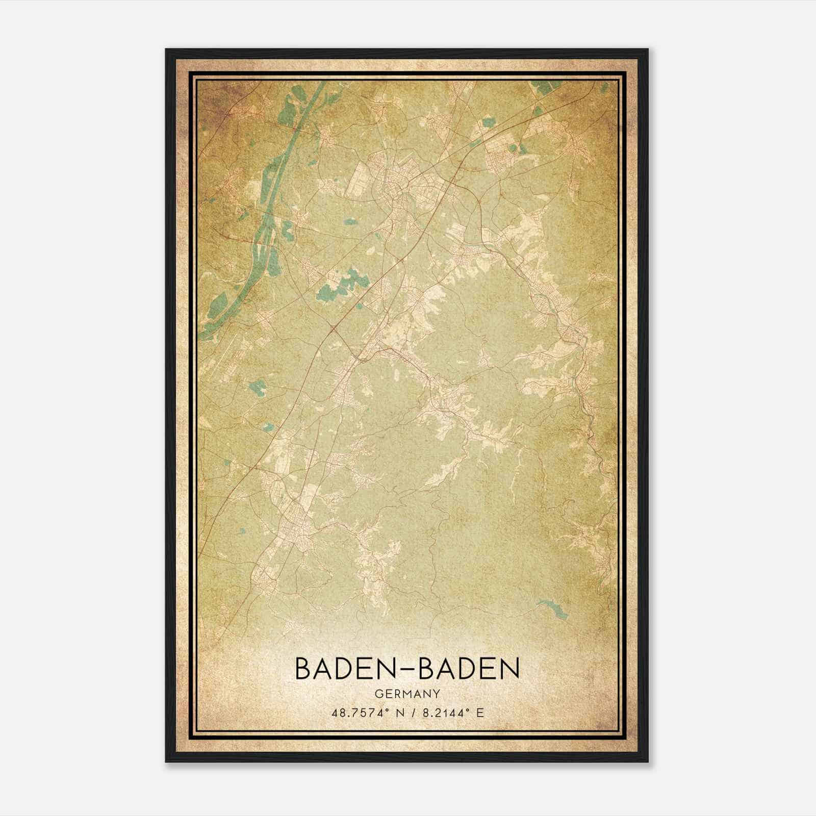 Vintage Baden-Baden Germany Map Poster, Baden-Baden City Road Wall Art Print