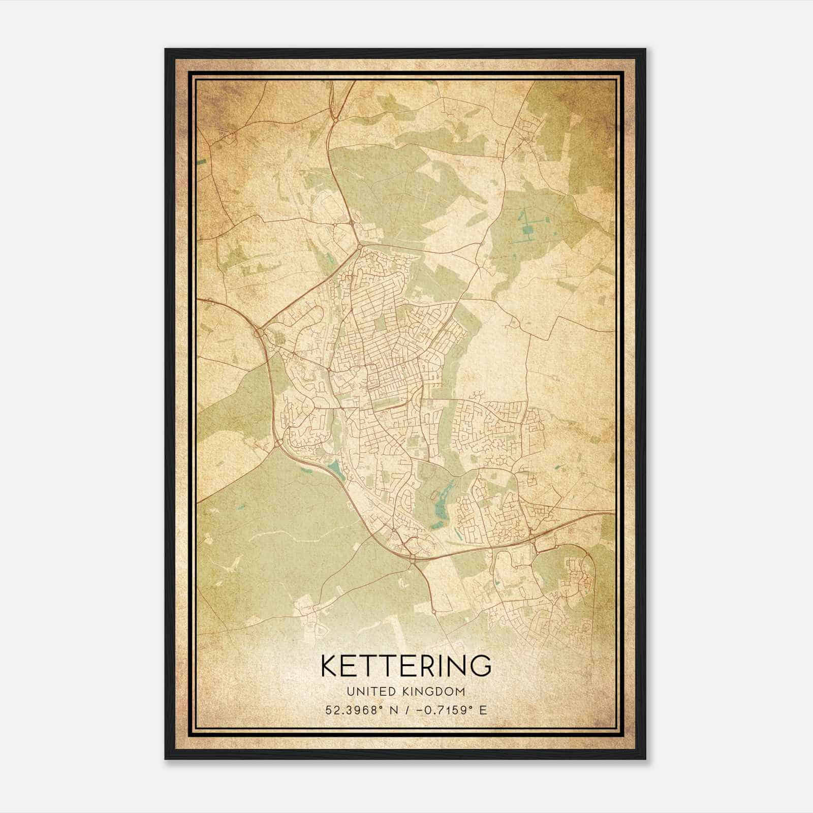 Vintage Kettering United Kingdom Map Poster, Kettering City Road Wall Art Print
