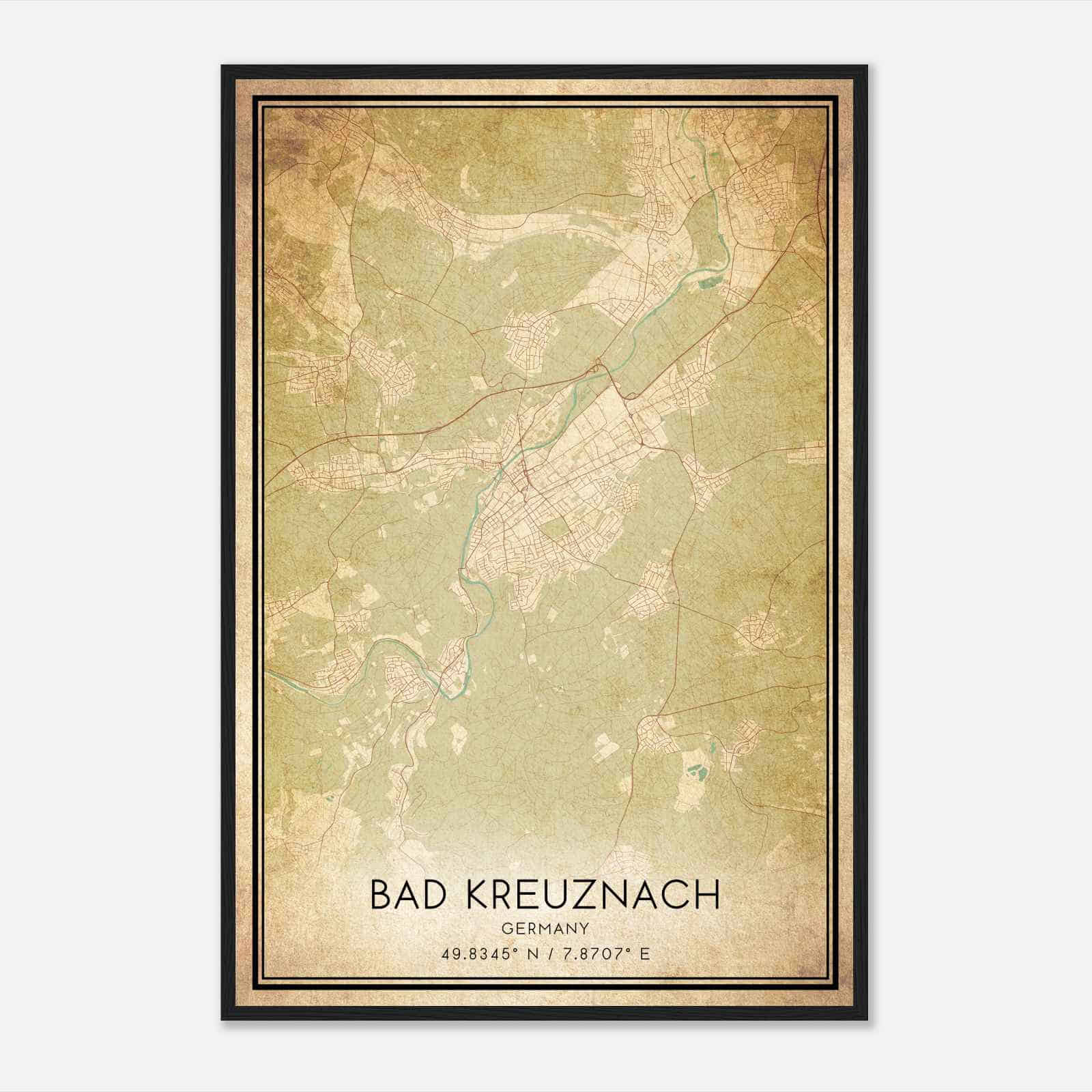 Vintage Bad Kreuznach Germany Map Poster, Bad Kreuznach City Road Wall Art Print