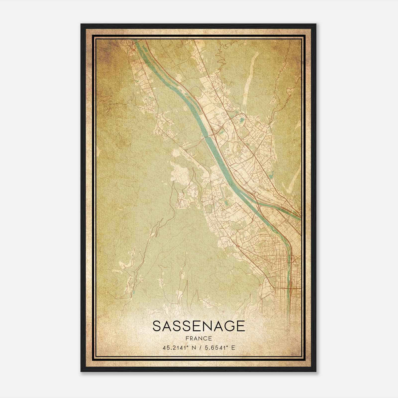 Vintage Sassenage France Map Poster, Sassenage City Road Wall Art Print
