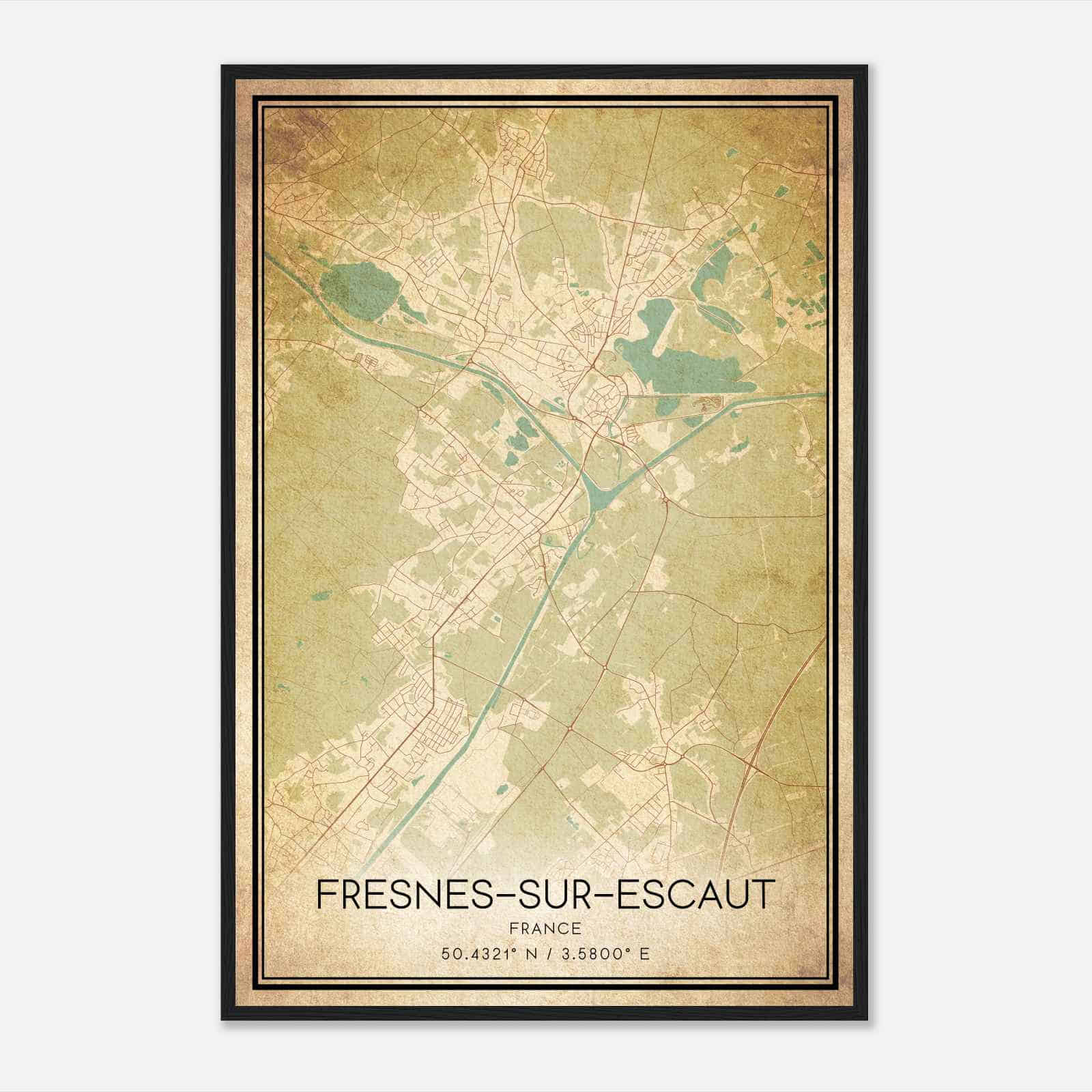 Vintage Fresnes-sur-Escaut France Map Poster, Fresnes-sur-Escaut City Road Wall Art Print