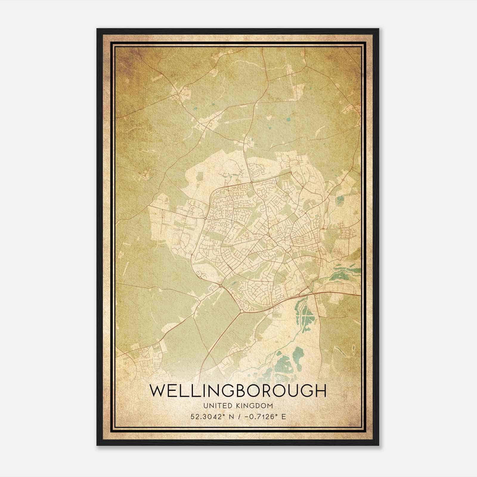 Vintage Wellingborough United Kingdom Map Poster, Wellingborough City Road Wall Art Print