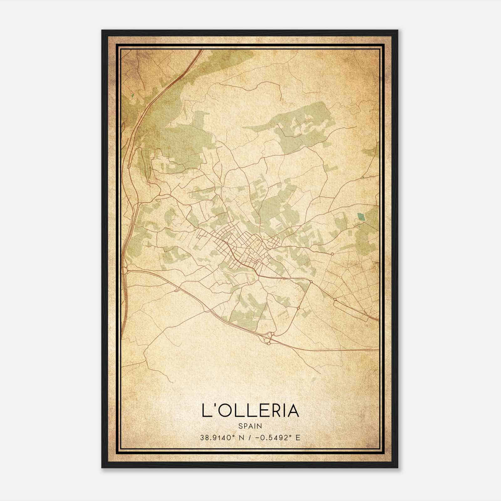 Vintage Olleria Spain Map Poster, Olleria City Road Wall Art Print