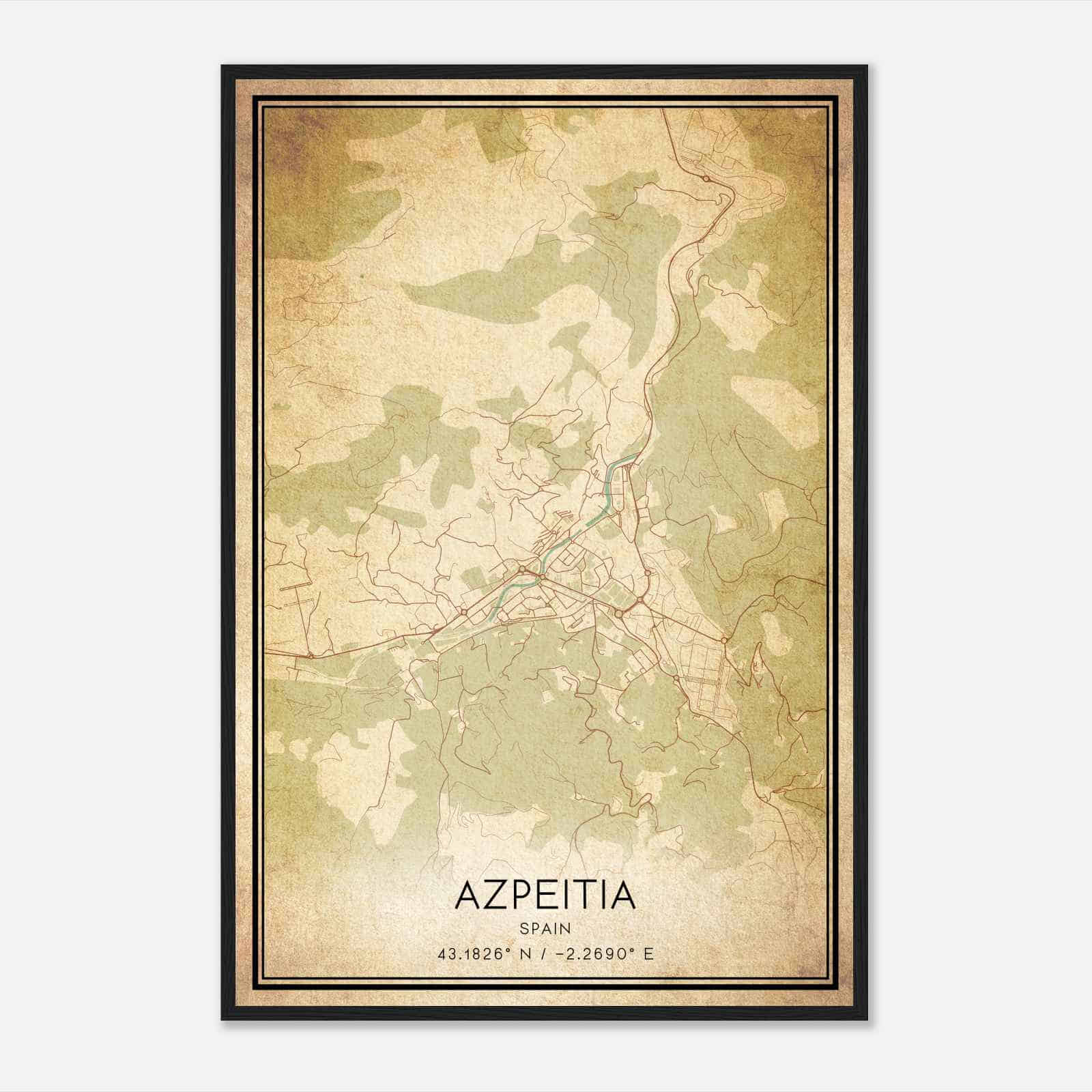 Vintage Azpeitia Spain Map Poster, Azpeitia City Road Wall Art Print