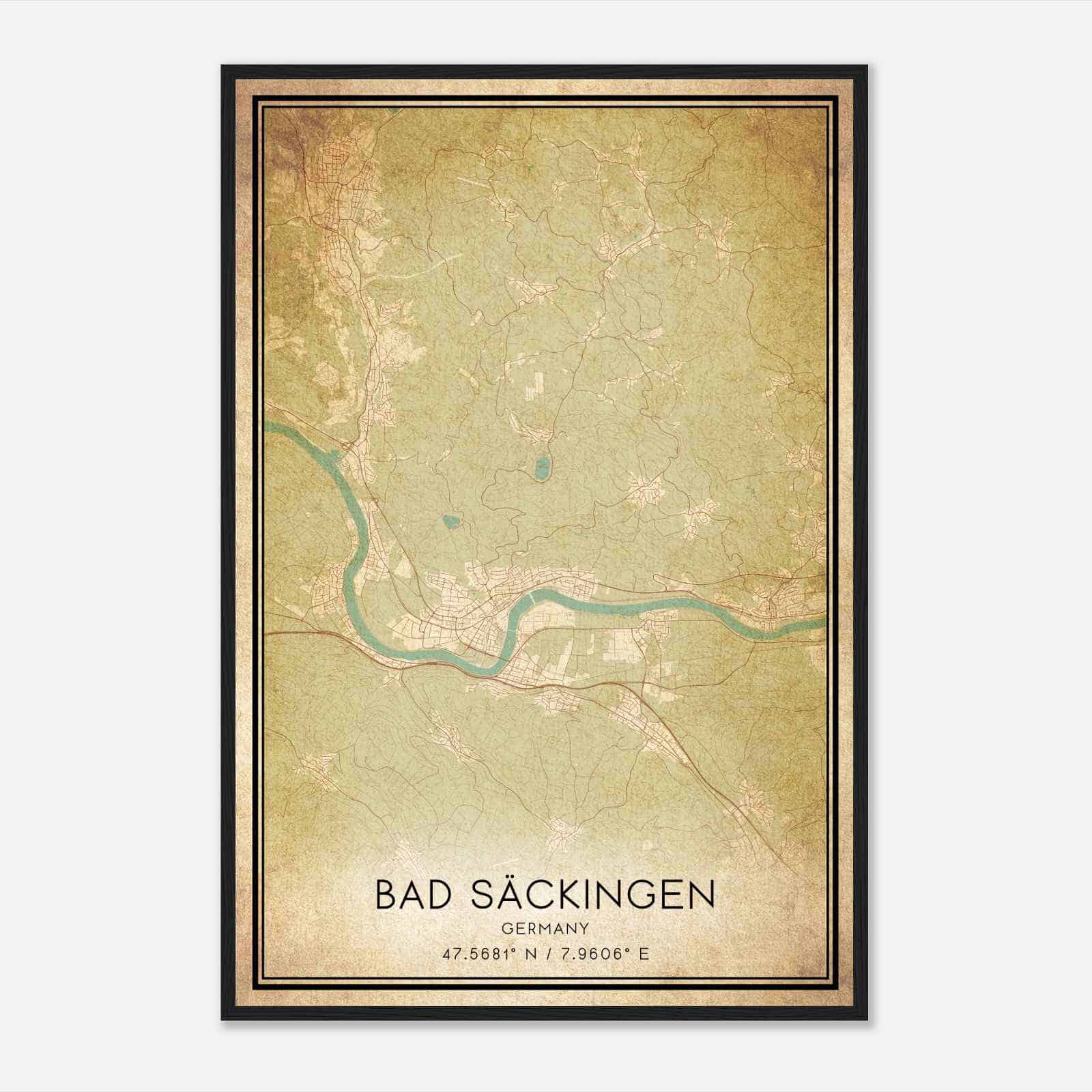 Vintage Bad Sackingen Germany Map Poster, Bad Sackingen City Road Wall Art Print