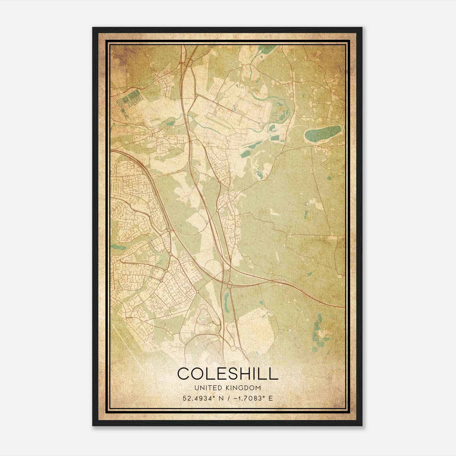 Vintage Coleshill United Kingdom Map Poster, Coleshill City Road Wall Art Print