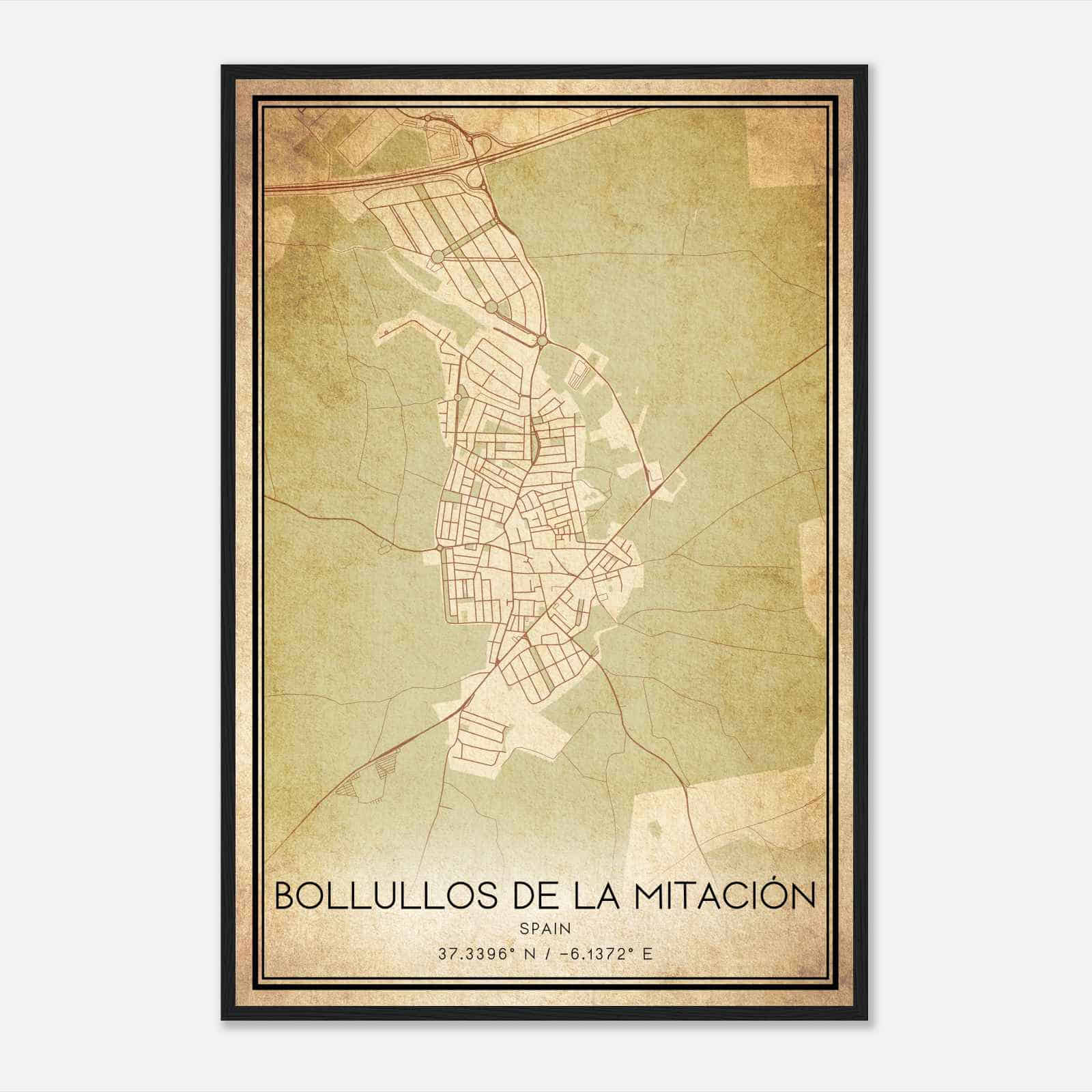 Vintage Bollullos de la Mitacion Spain Map Poster, Bollullos de la Mitacion City Road Wall Art Print