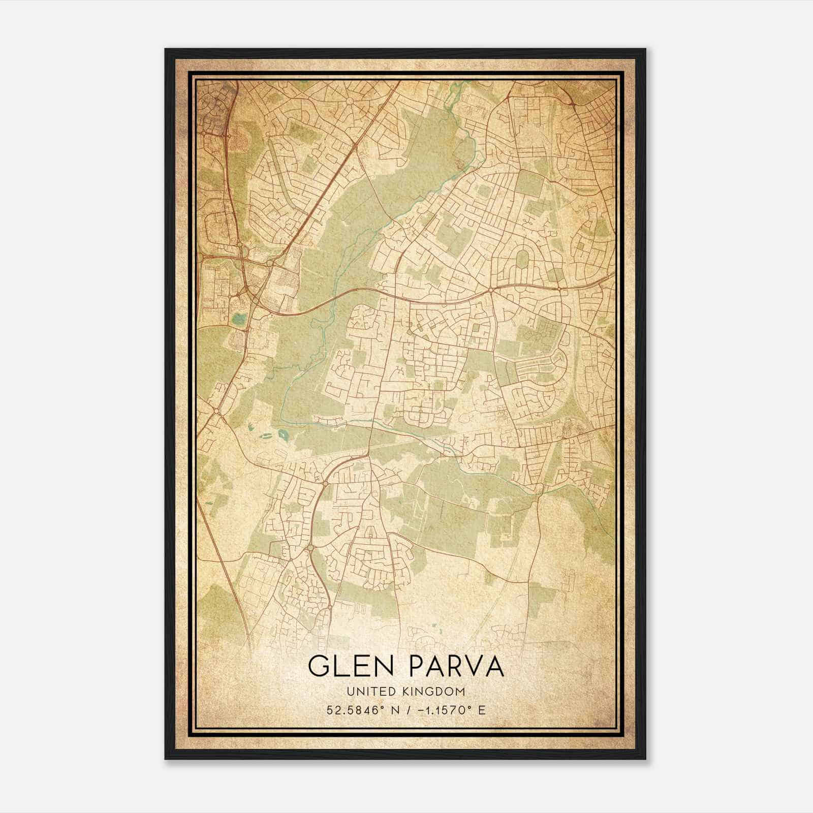 Vintage Glen Parva United Kingdom Map Poster, Glen Parva City Road Wall Art Print