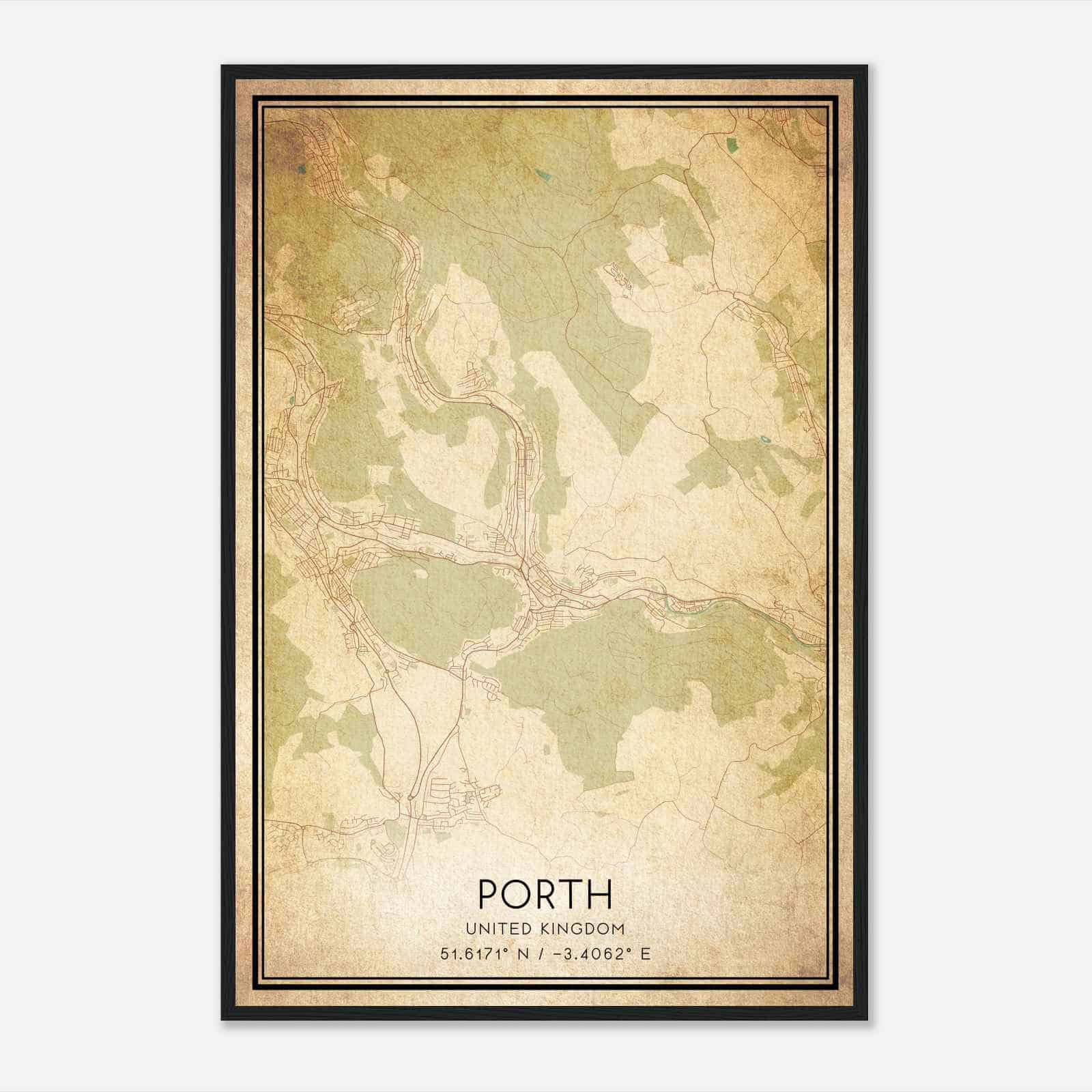 Vintage Porth United Kingdom Map Poster, Porth City Road Wall Art Print