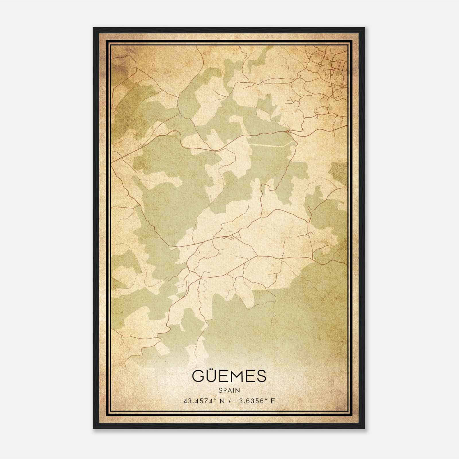 Vintage Guenes Spain Map Poster, Guenes City Road Wall Art Print