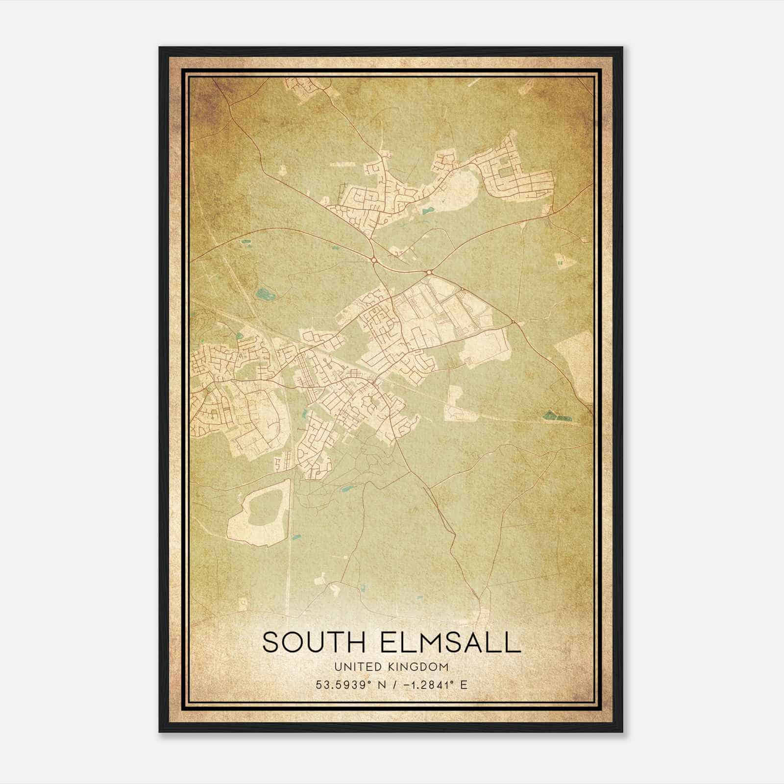 Vintage South Elmsall United Kingdom Map Poster, South Elmsall City Road Wall Art Print