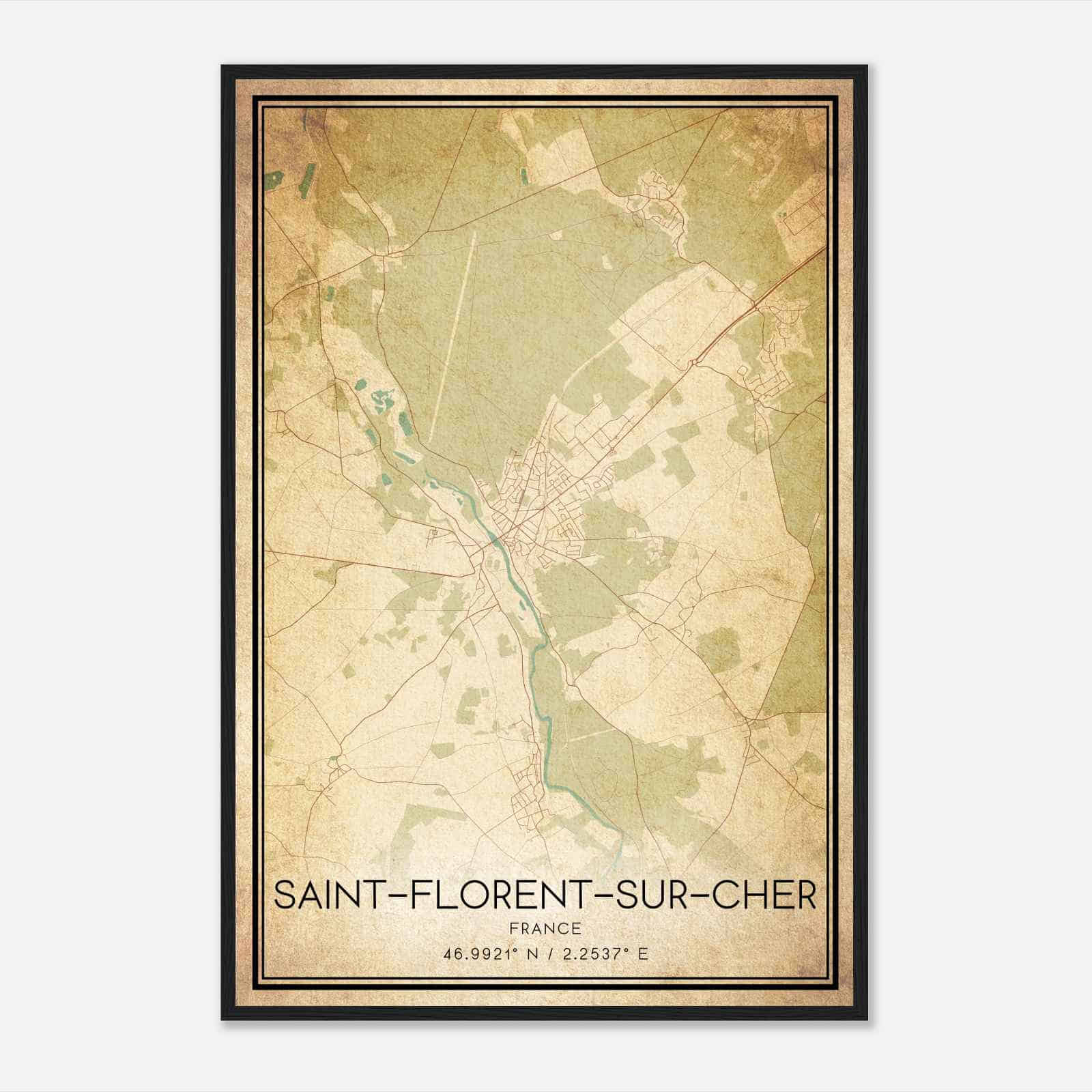 Vintage Saint-Florent-sur-Cher France Map Poster, Saint-Florent-sur-Cher City Road Wall Art Print