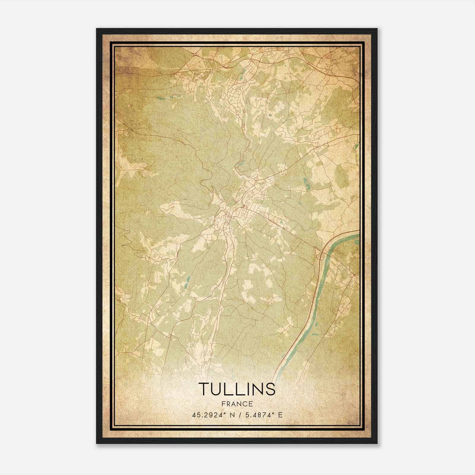 Vintage Tullins France Map Poster, Tullins City Road Wall Art Print